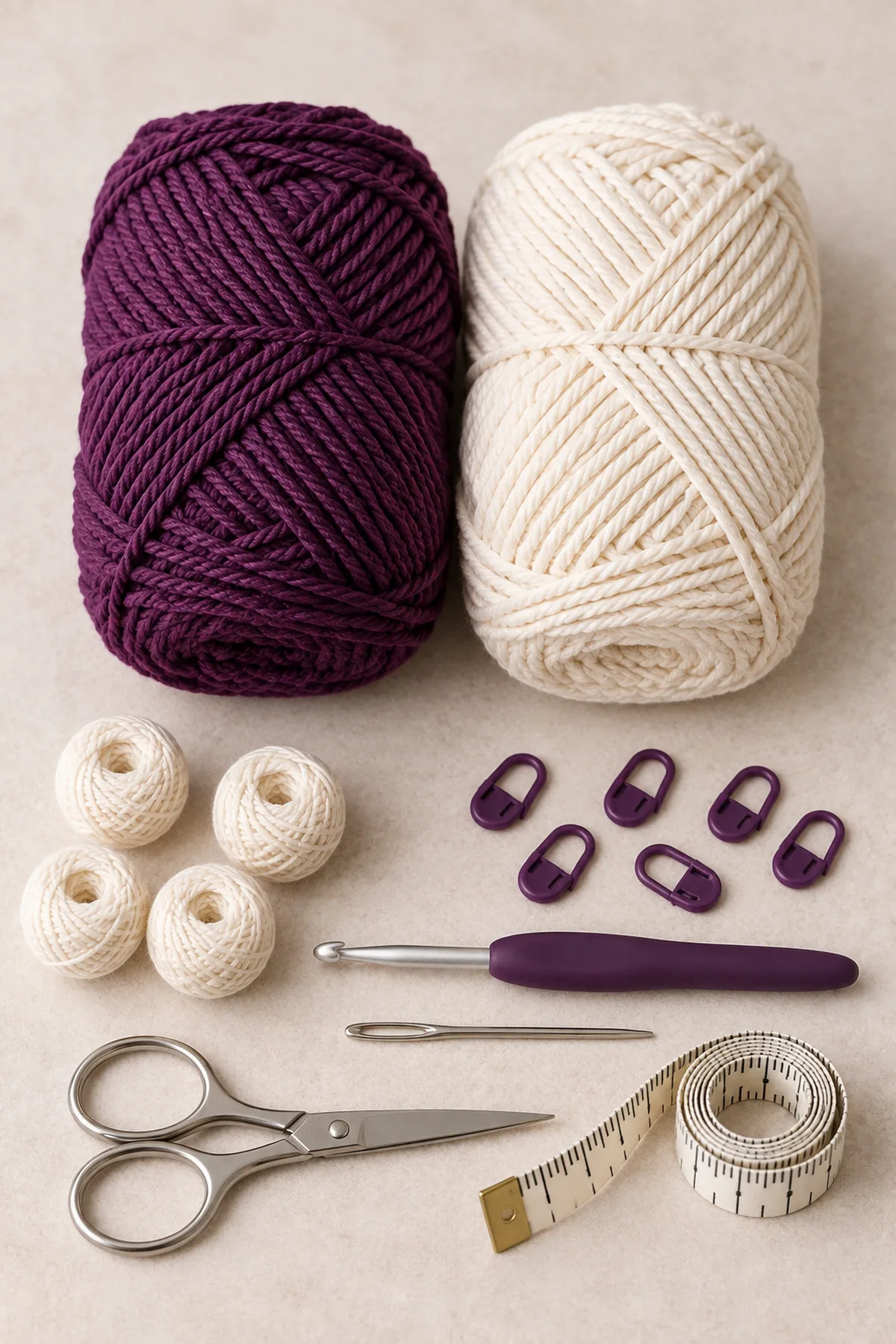 Aubergine and ivory worsted cotton yarn, small ivory bobbins, 4 mm hook, markers, tapestry needle, scissors and measuring tape