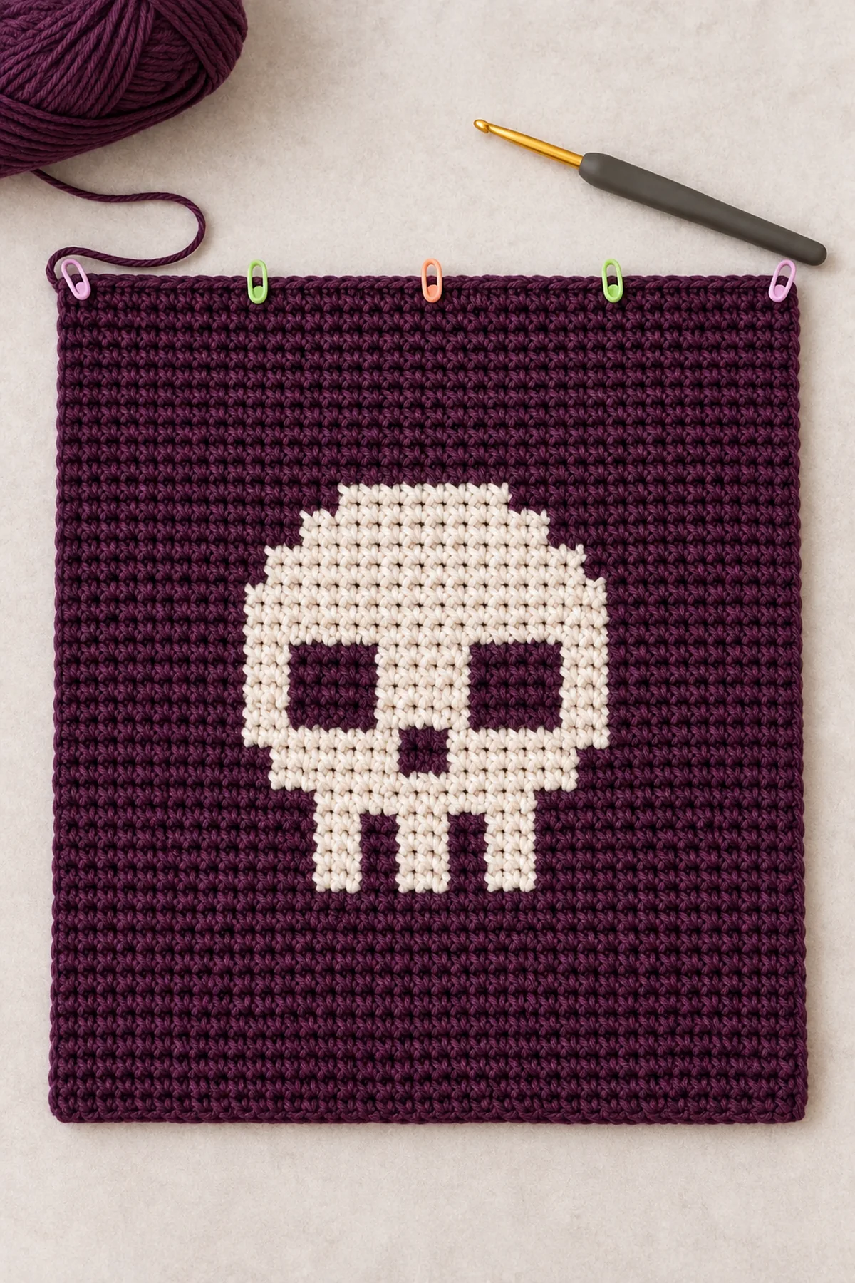 Flat aubergine single-crochet front panel with completed centered ivory pixel skull, no straps and no seams yet, stitch markers along the straight top edge