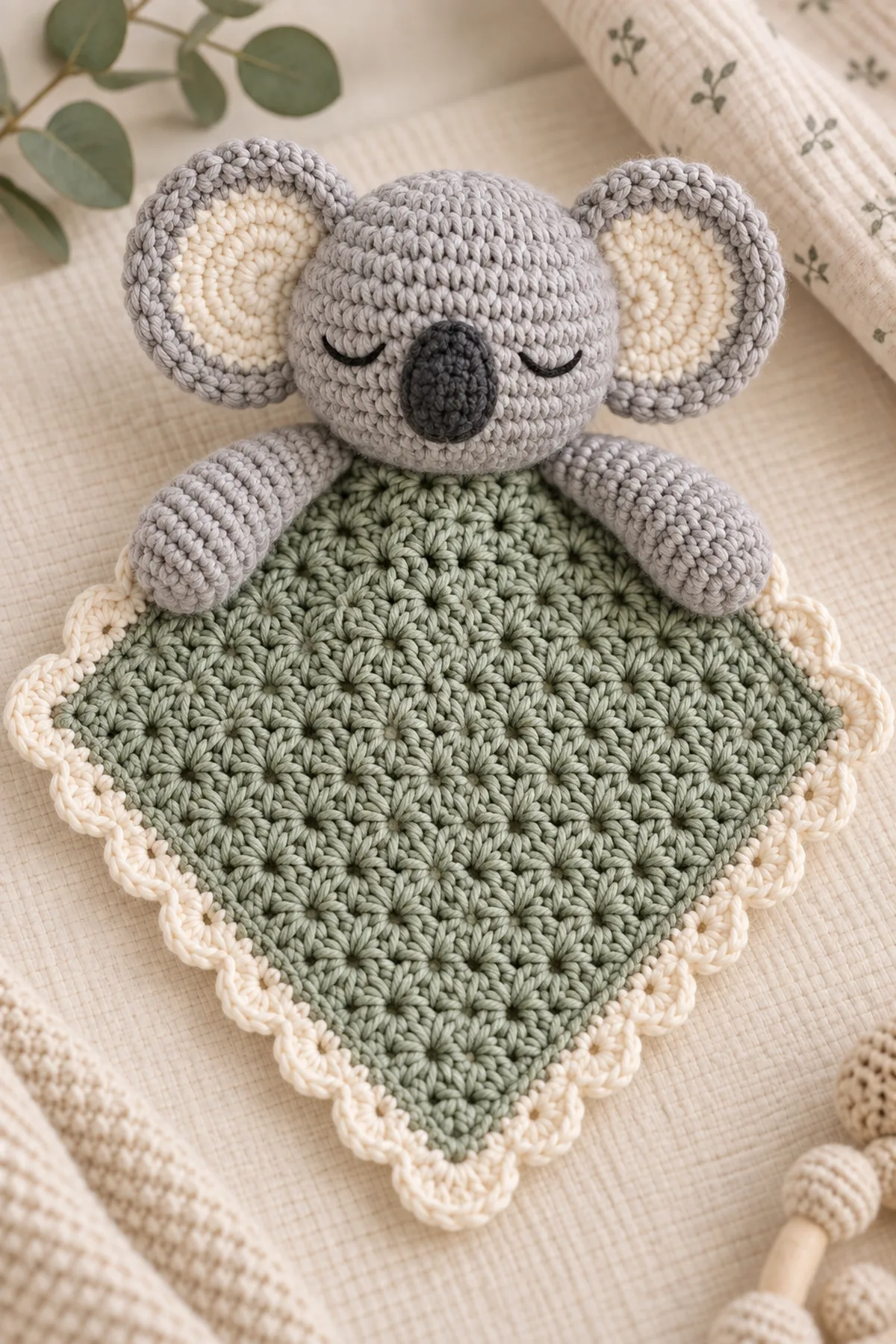 Close-up of the stitch texture and securely finished details on crochet sleepy koala baby lovey