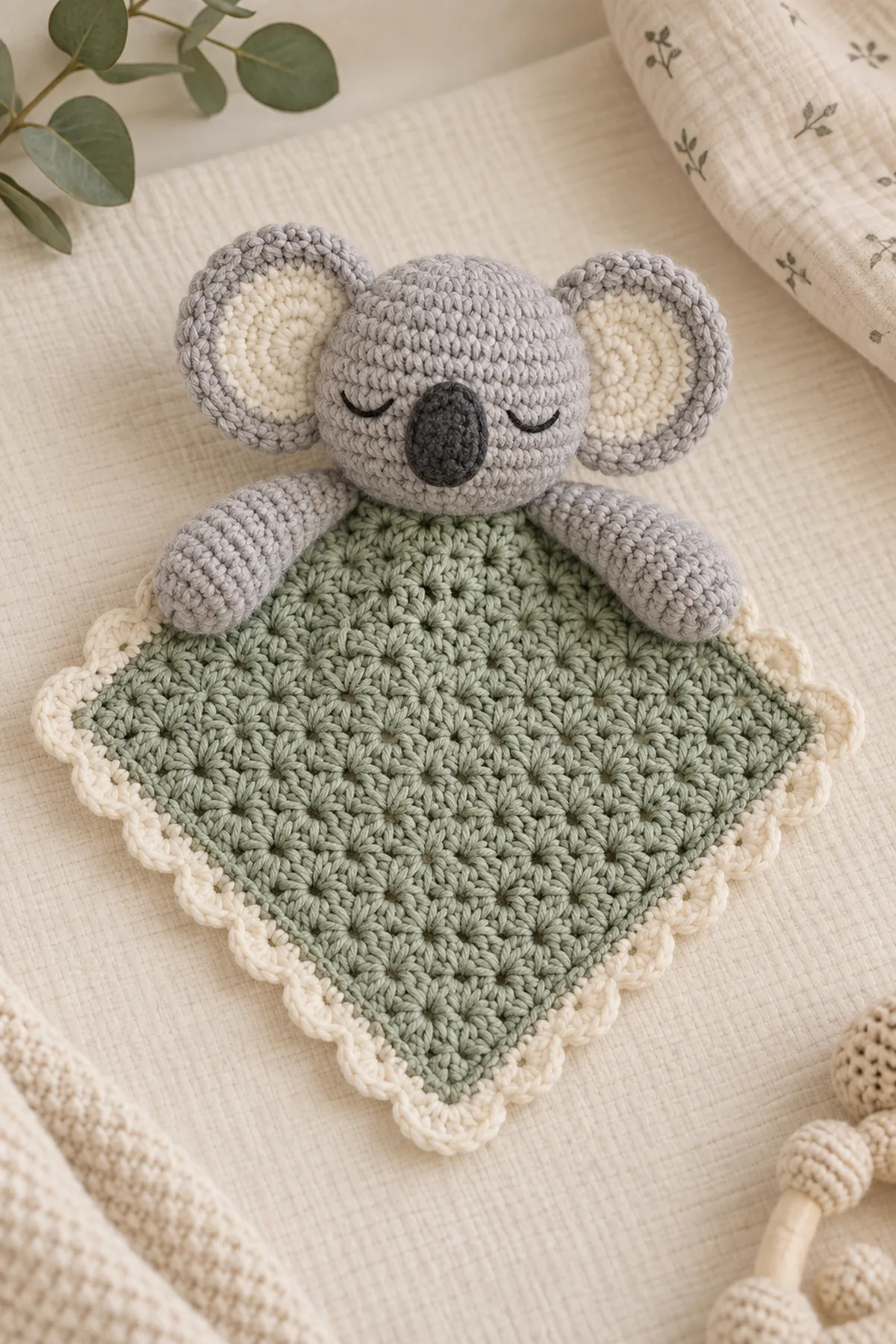 Finished crochet sleepy koala baby lovey in soft cream and sage yarn on a neutral nursery surface