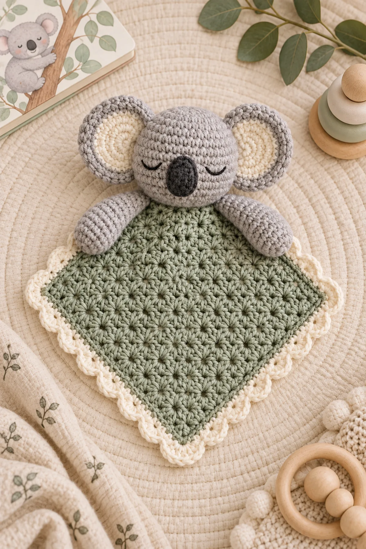 Finished crochet sleepy koala baby lovey styled in a calm bright nursery setting without a baby present