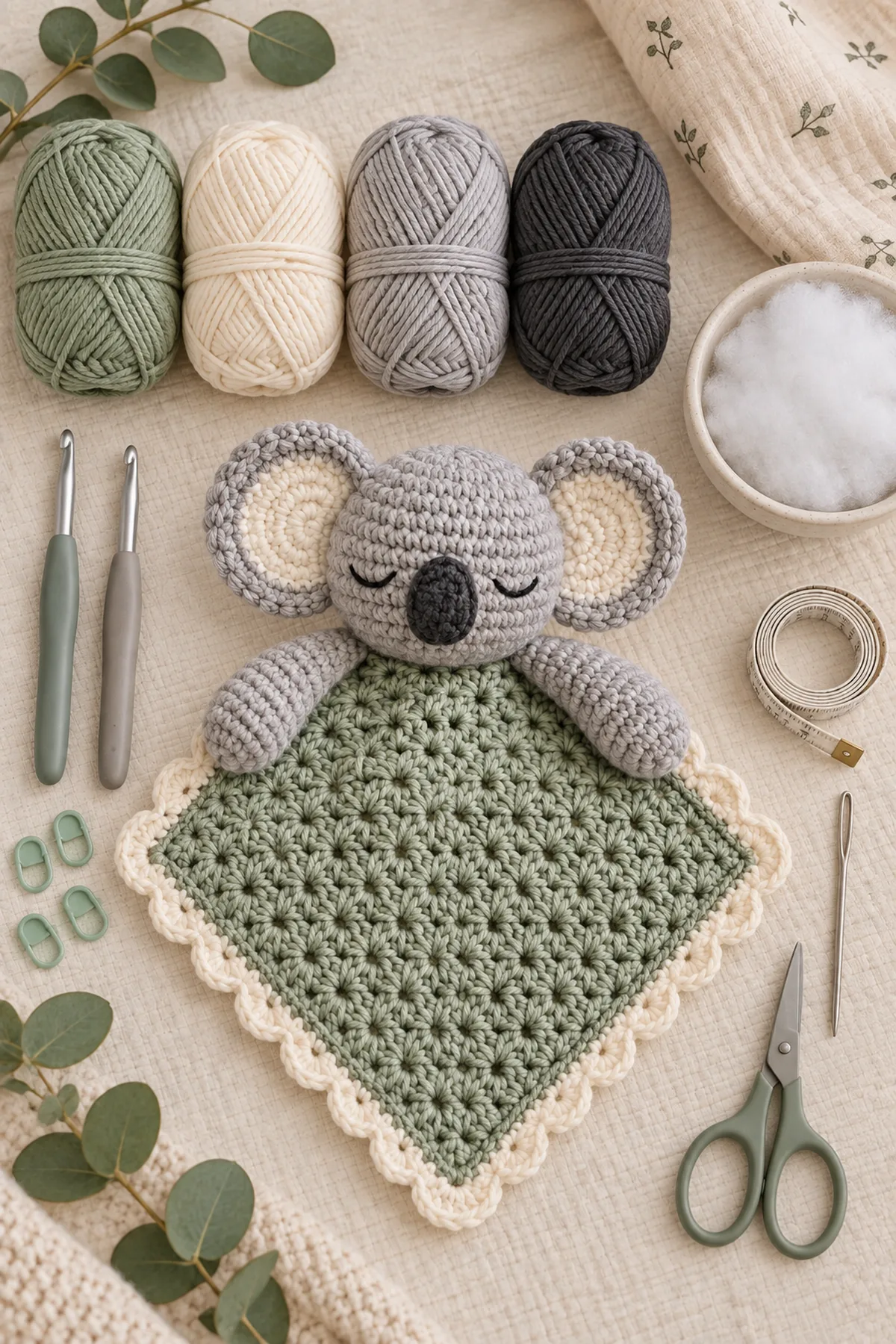 Baby-friendly yarn, crochet hook, stitch markers, tape measure, yarn needle, and scissors for crochet sleepy koala baby lovey