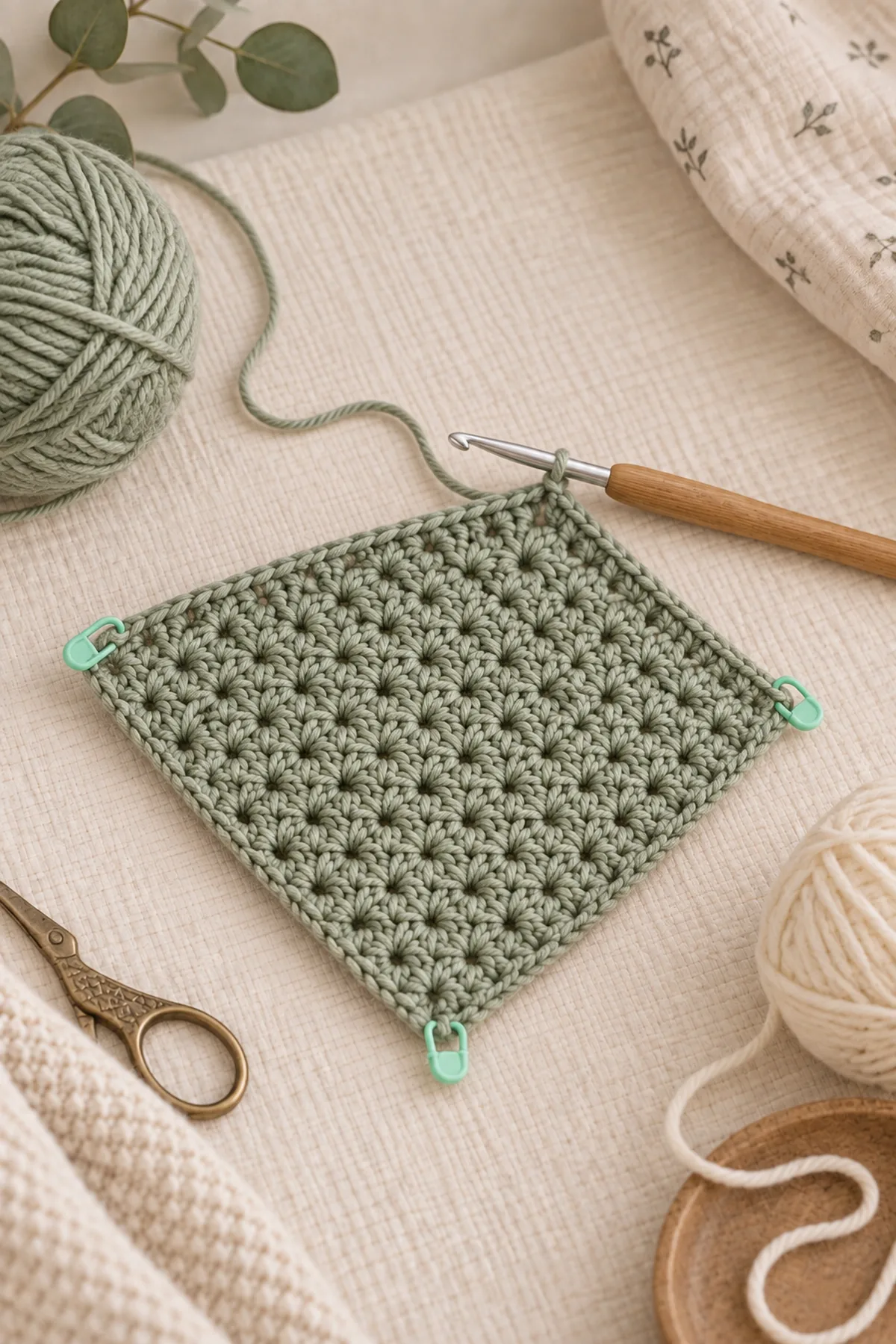 Early counted crochet stage of crochet sleepy koala baby lovey with matching yarn and hook