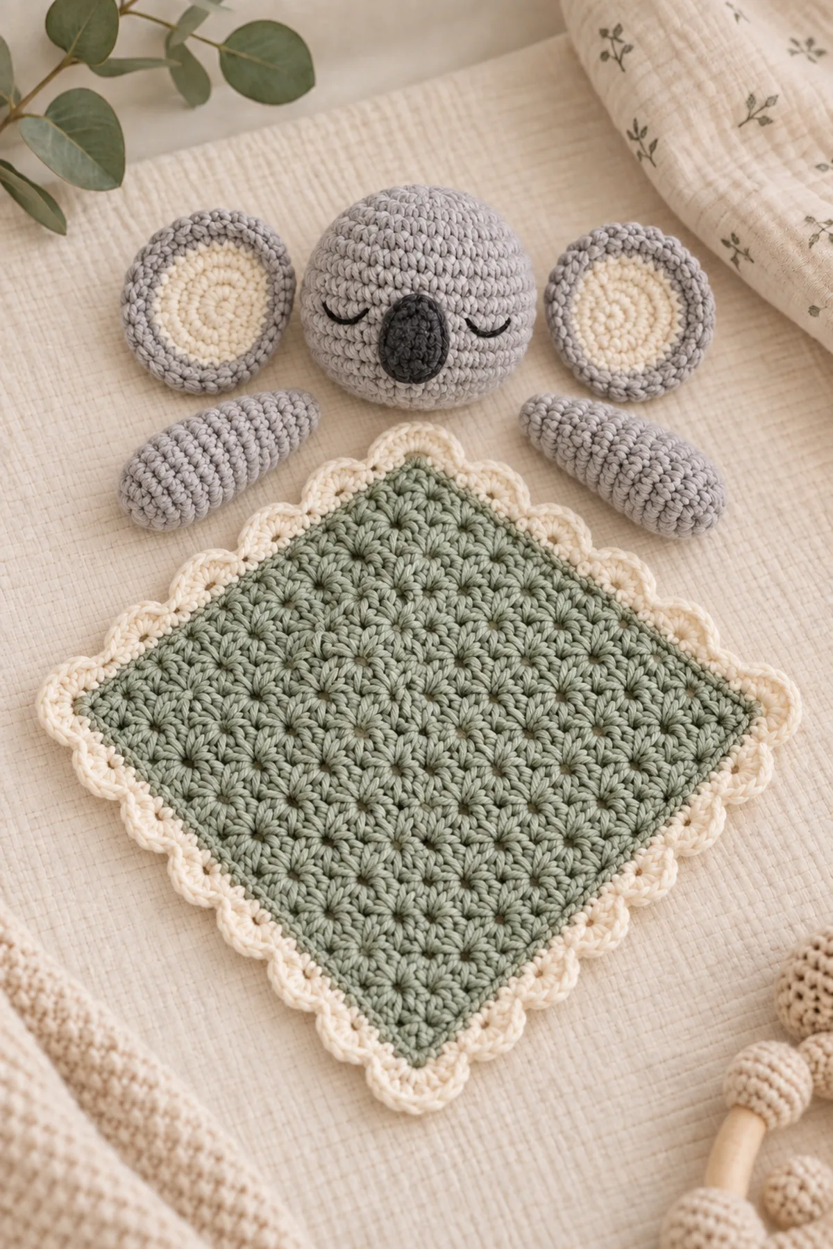 Mid-process construction of crochet sleepy koala baby lovey showing the established shape