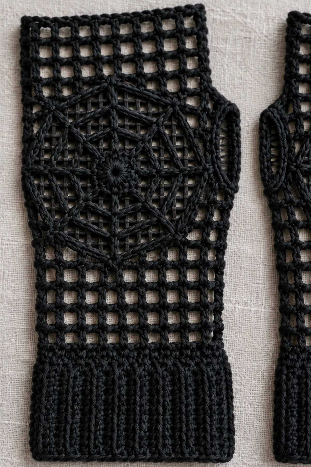 Macro of black crochet glove back showing eight-spoke web attached at its anchors over open mesh, no filled solid patch