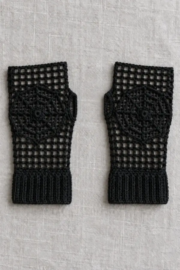 A matched mirrored pair of adult black crochet fingerless gloves, open mesh hands and ribbed cuffs, each with an eight-spoke open spiderweb motif sewn on the back, flat on pale grey linen