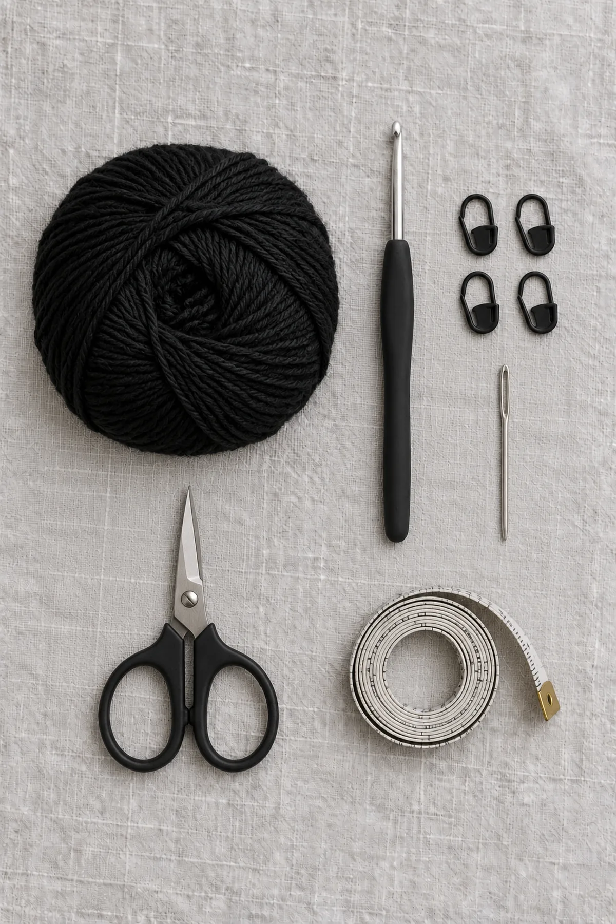 Smooth black DK yarn, 4 mm crochet hook, markers, tapestry needle, scissors and tape measure on pale grey surface