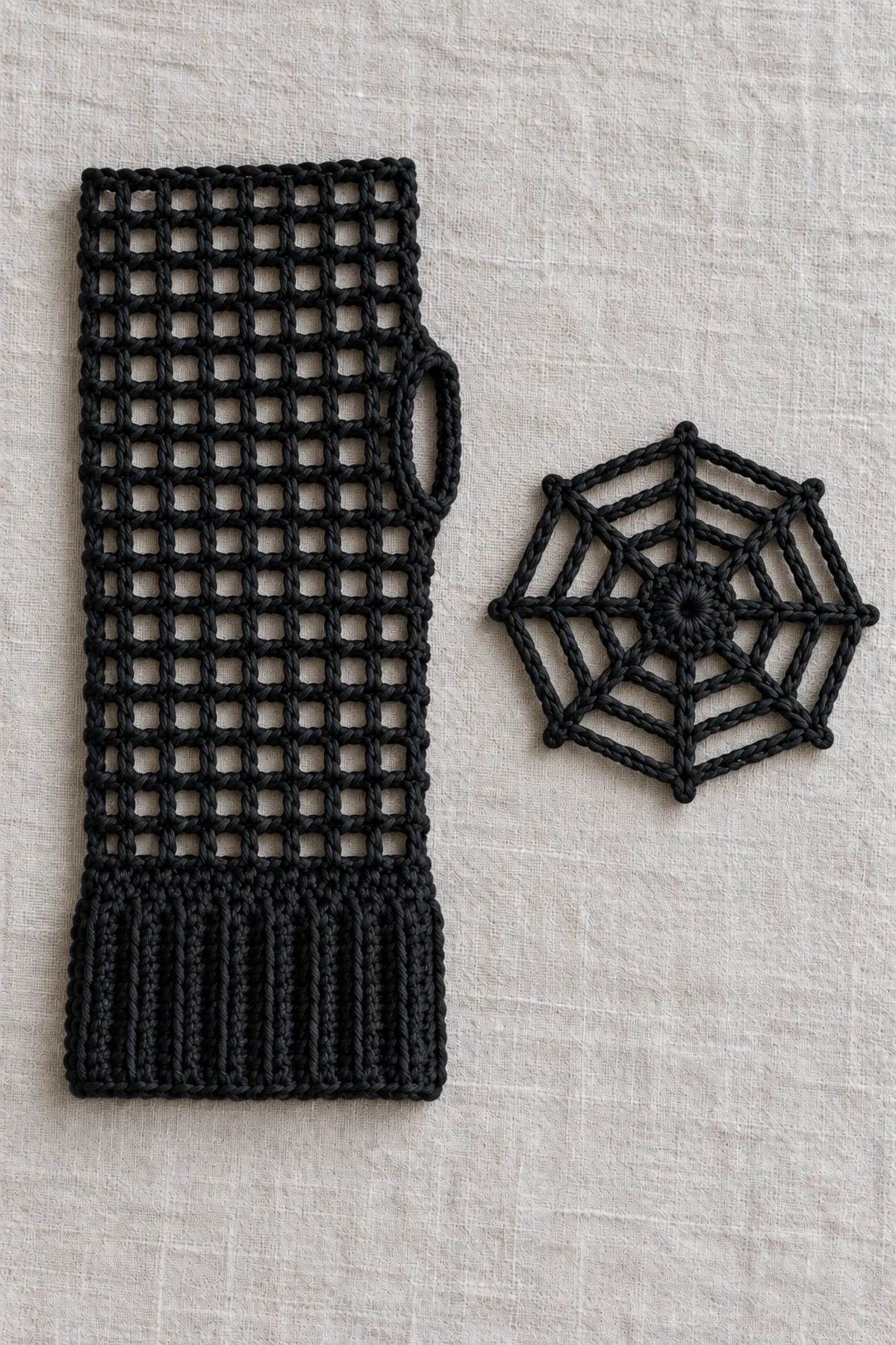 One black mesh glove tube with ribbed cuff and clearly visible small chain-bridge thumb opening, alongside an unattached eight-spoke open crochet web motif