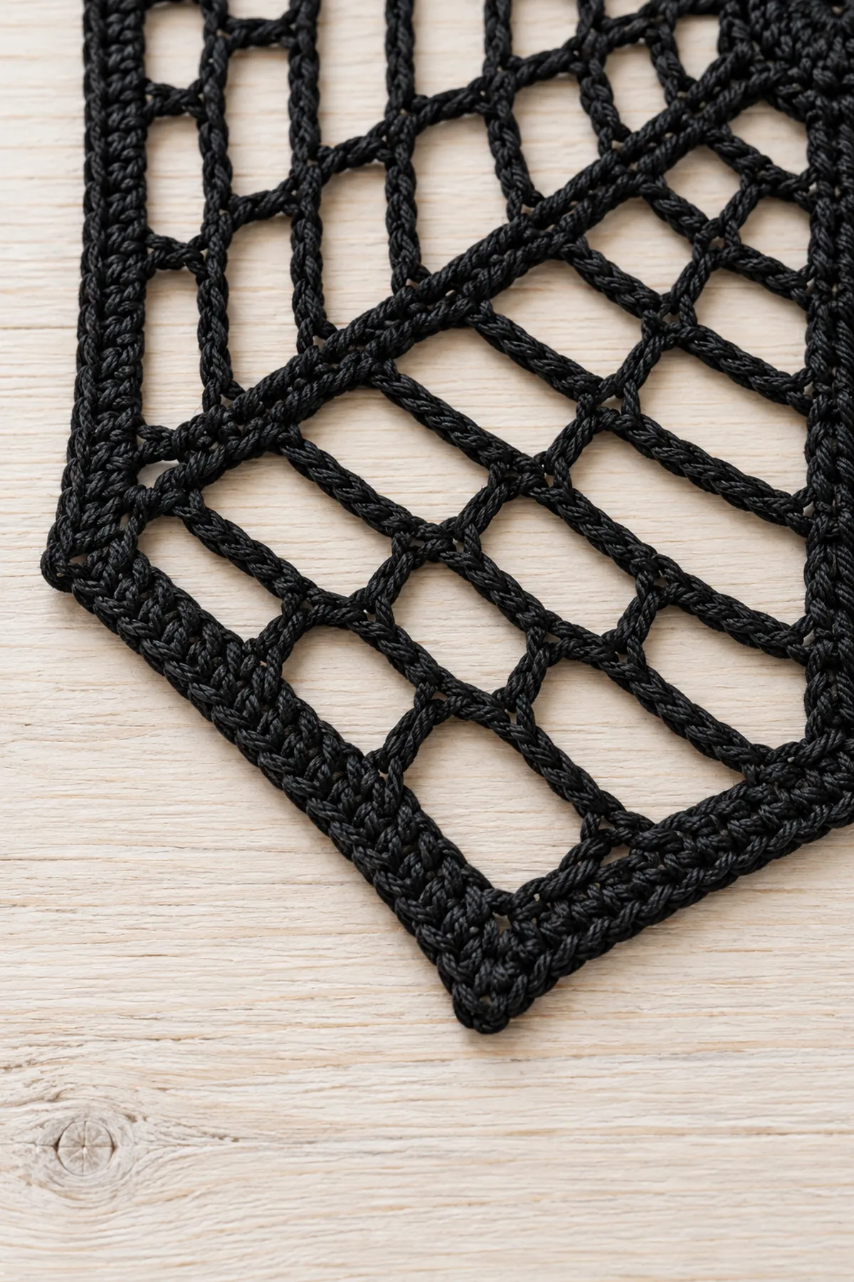 Close crop of ONE corner and adjacent edge of black cotton six-ray hexagonal web mat, three single-crochet stitches around corner anchor, solid single-crochet border surrounding open chain lace. Visible cotton stitch texture, no decorative spider