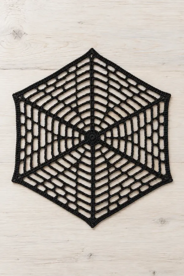 One flat black cotton crochet spiderweb table mat on pale bleached wood, regular HEXAGON with exactly SIX radial rays from small center, twelve open concentric hexagonal chain-arc mesh rounds, fine solid single-crochet perimeter, approximately ten inches point-to-point. Six corners, airy lace, no extra radial spokes, no spider, no plate, no scallops