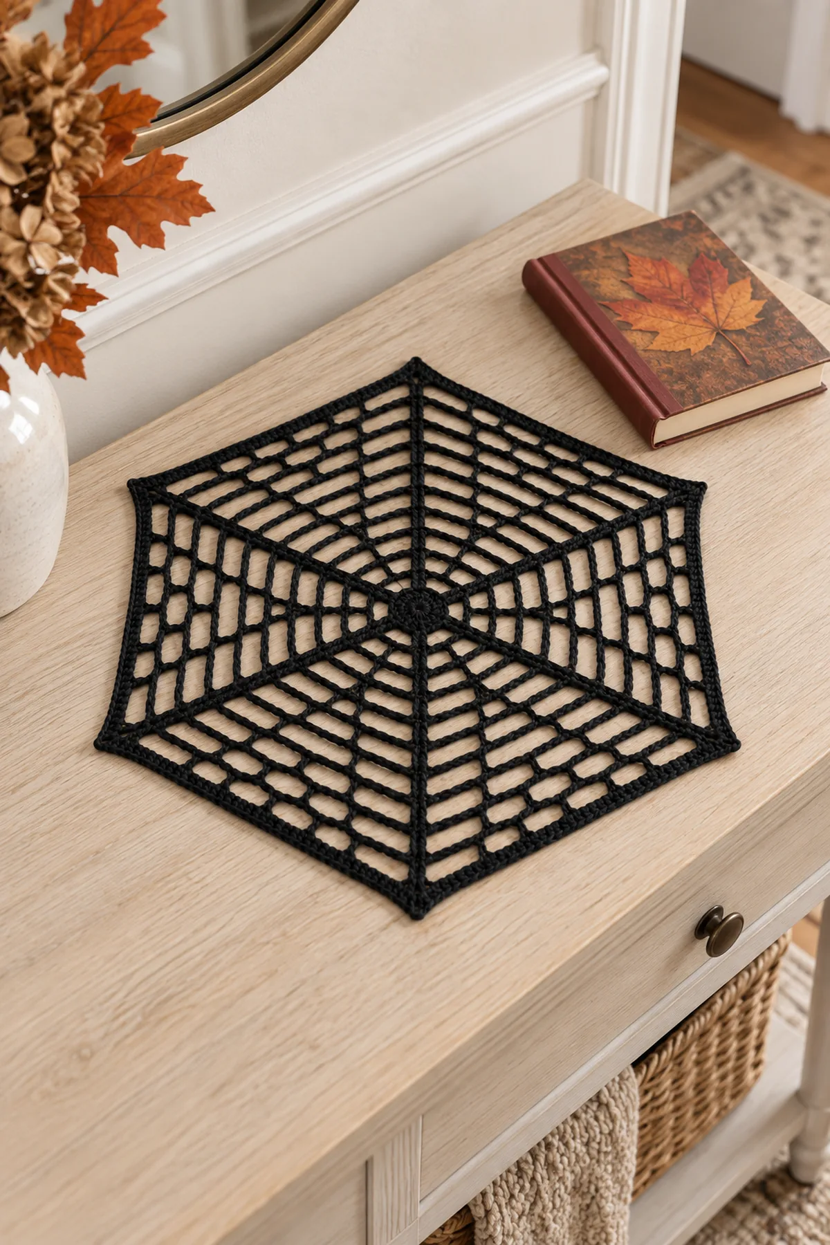 Same completed black six-ray HEXAGON open crochet spiderweb mat with twelve concentric mesh rounds and narrow solid border lying fully visible on pale hallway table beside a small closed autumn book, no objects covering the web, no candles or hot dishes