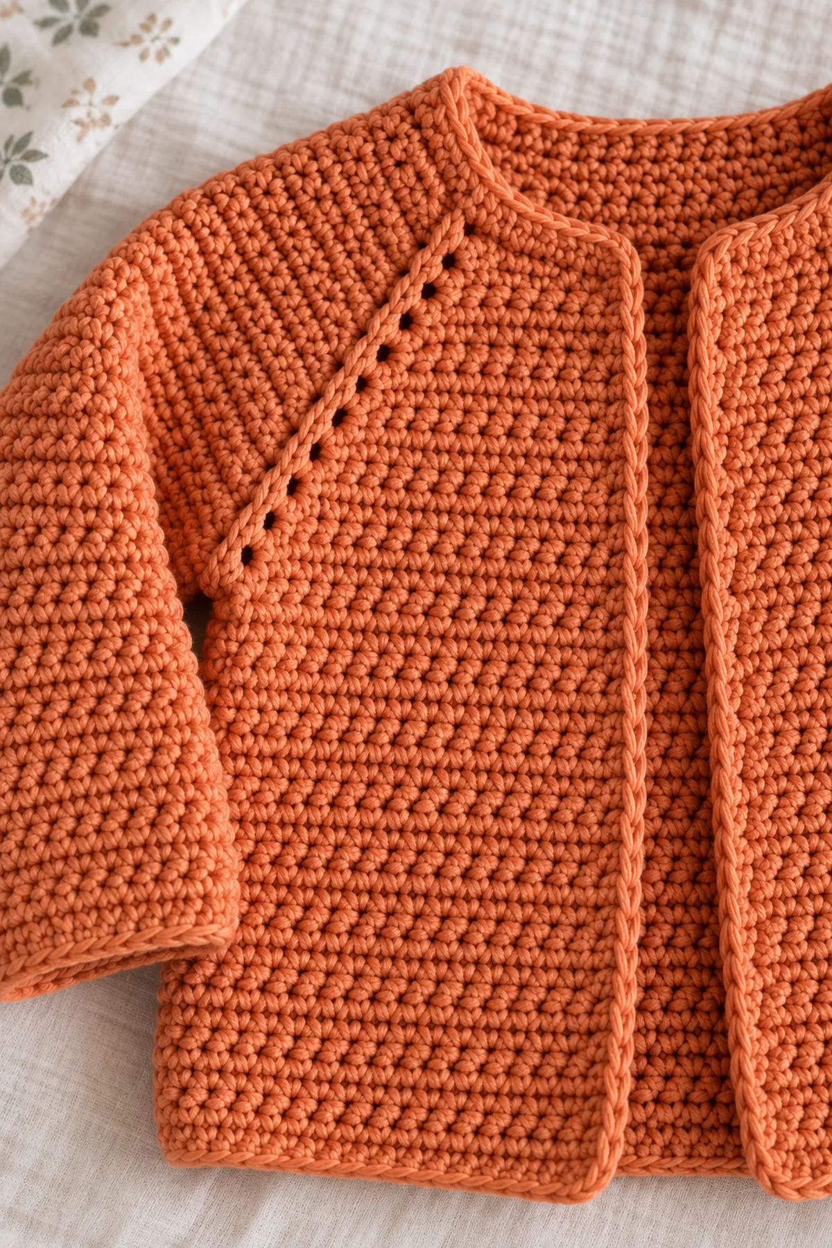 Close view of the counted single-crochet raglan seam and tidy button-free front edge in tangerine yarn