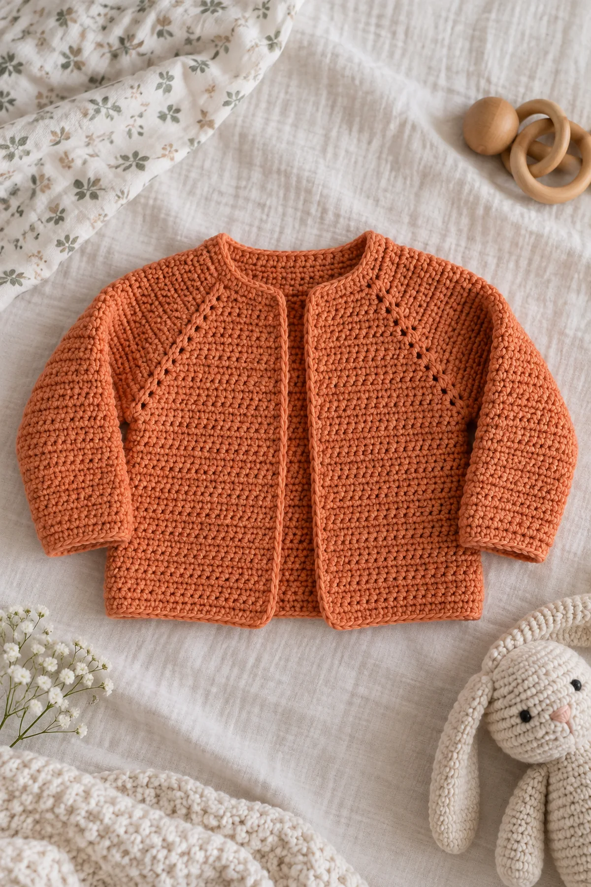 Finished muted-tangerine open-front crochet baby cardigan with raglan lines and matching sleeves, no buttons or ties