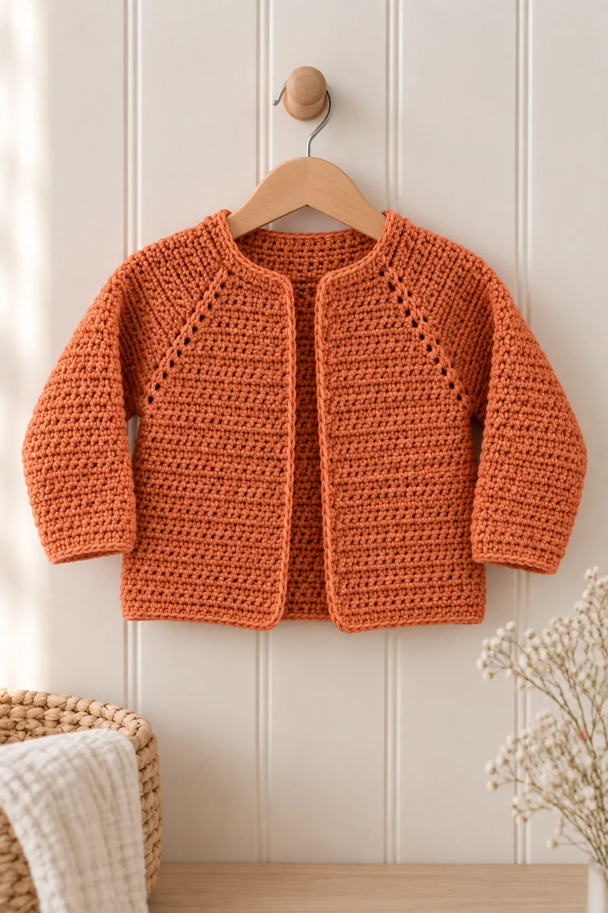 Finished muted-tangerine crochet baby cardigan hung on a plain nursery peg, no baby present