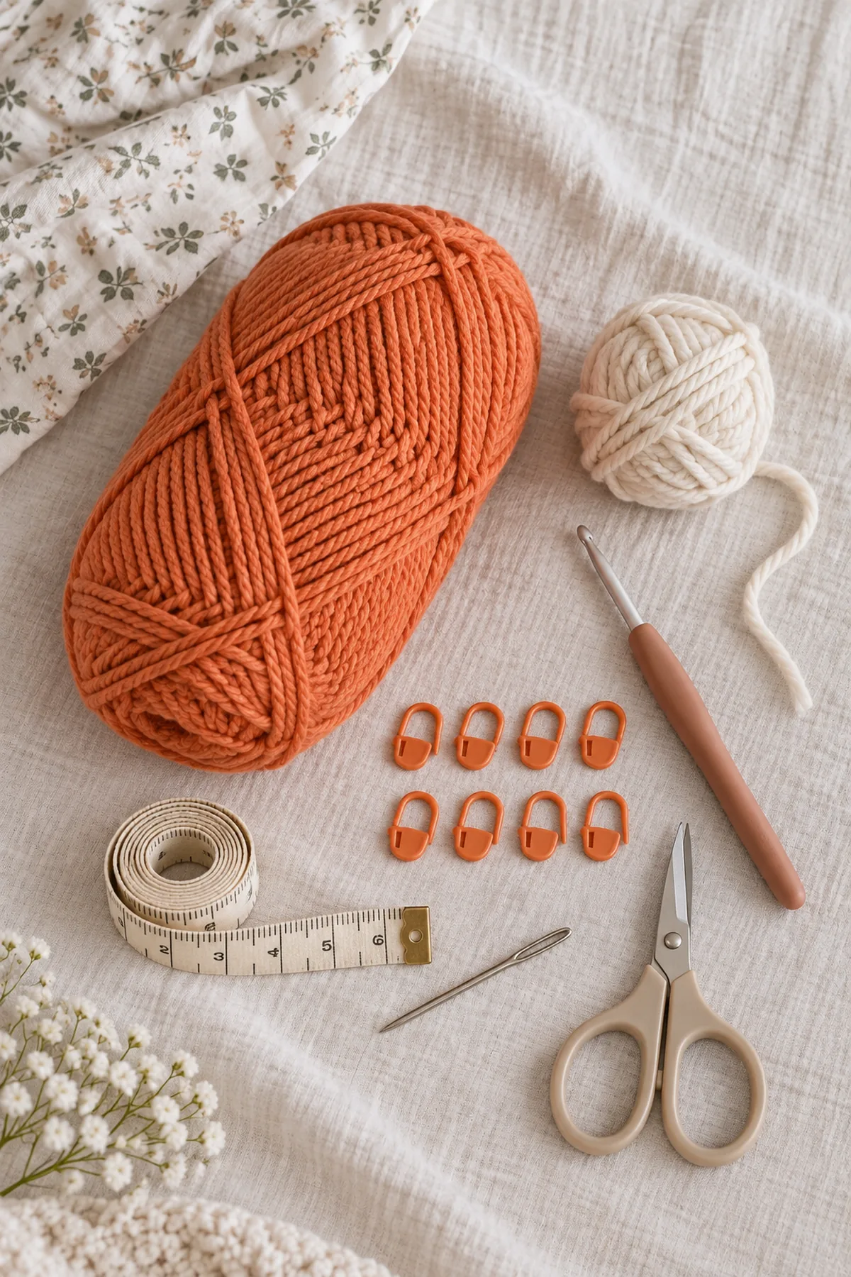 Muted-tangerine washable DK yarn, 4 mm hook, eight markers, waste yarn, tape measure, needle, and scissors