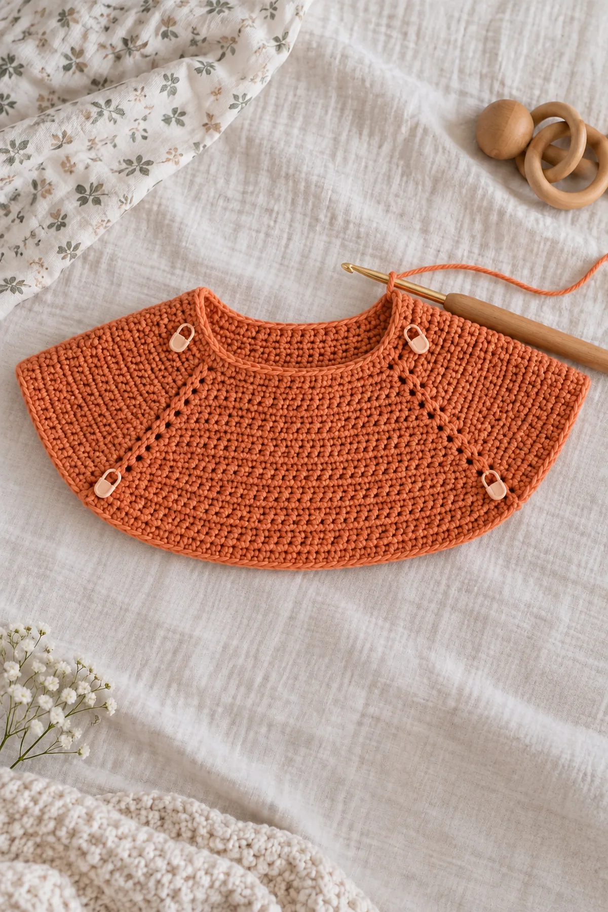 Muted-tangerine crochet cardigan yoke with four marked raglan increase points