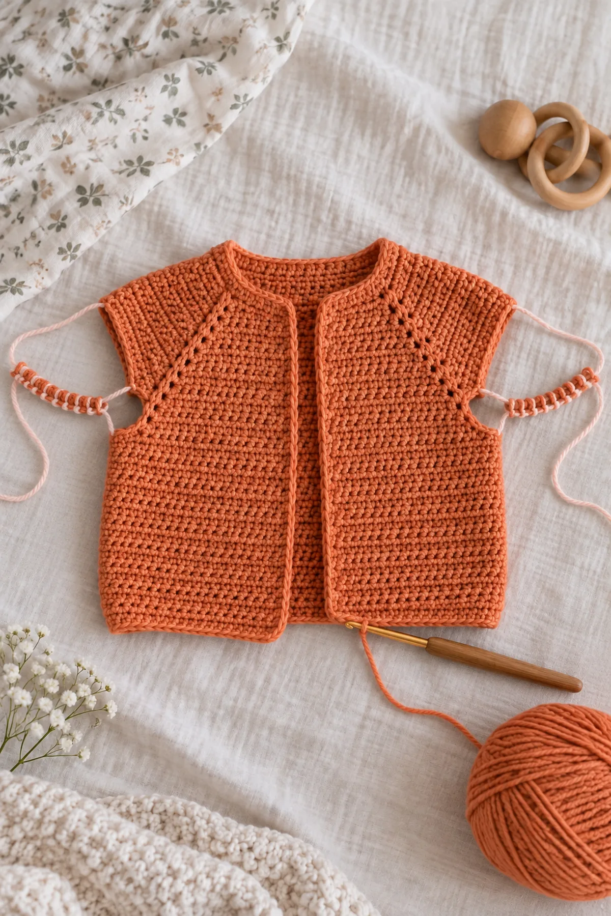 Tangerine cardigan body after sleeve separation, with sleeve stitches held on waste yarn