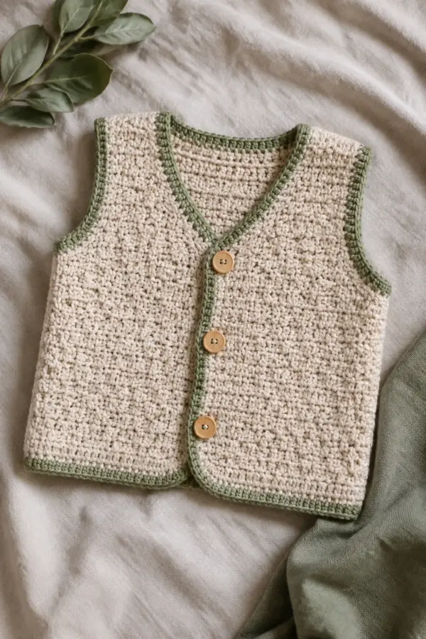 Finished crochet textured baby vest pattern in soft cream and sage yarn on a neutral nursery surface