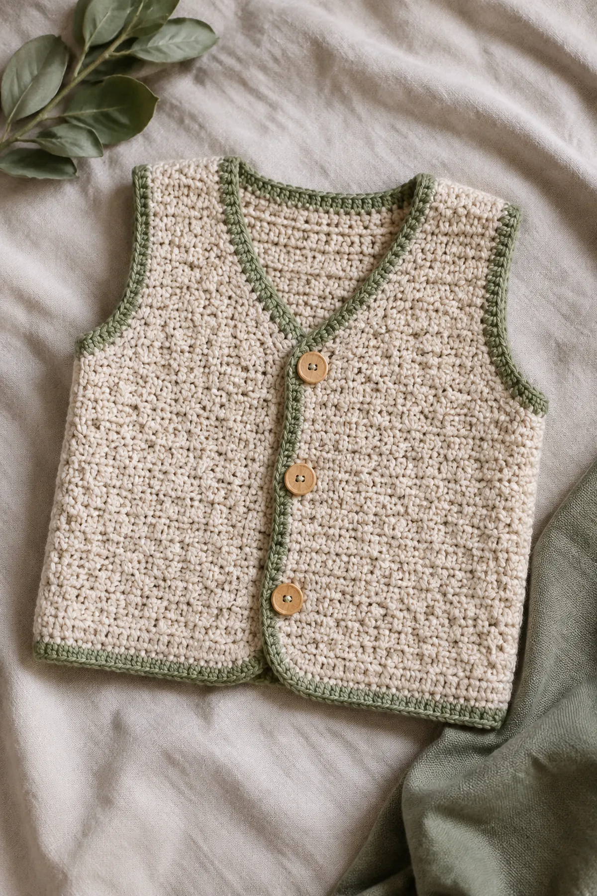 Finished crochet textured baby vest pattern in soft cream and sage yarn on a neutral nursery surface