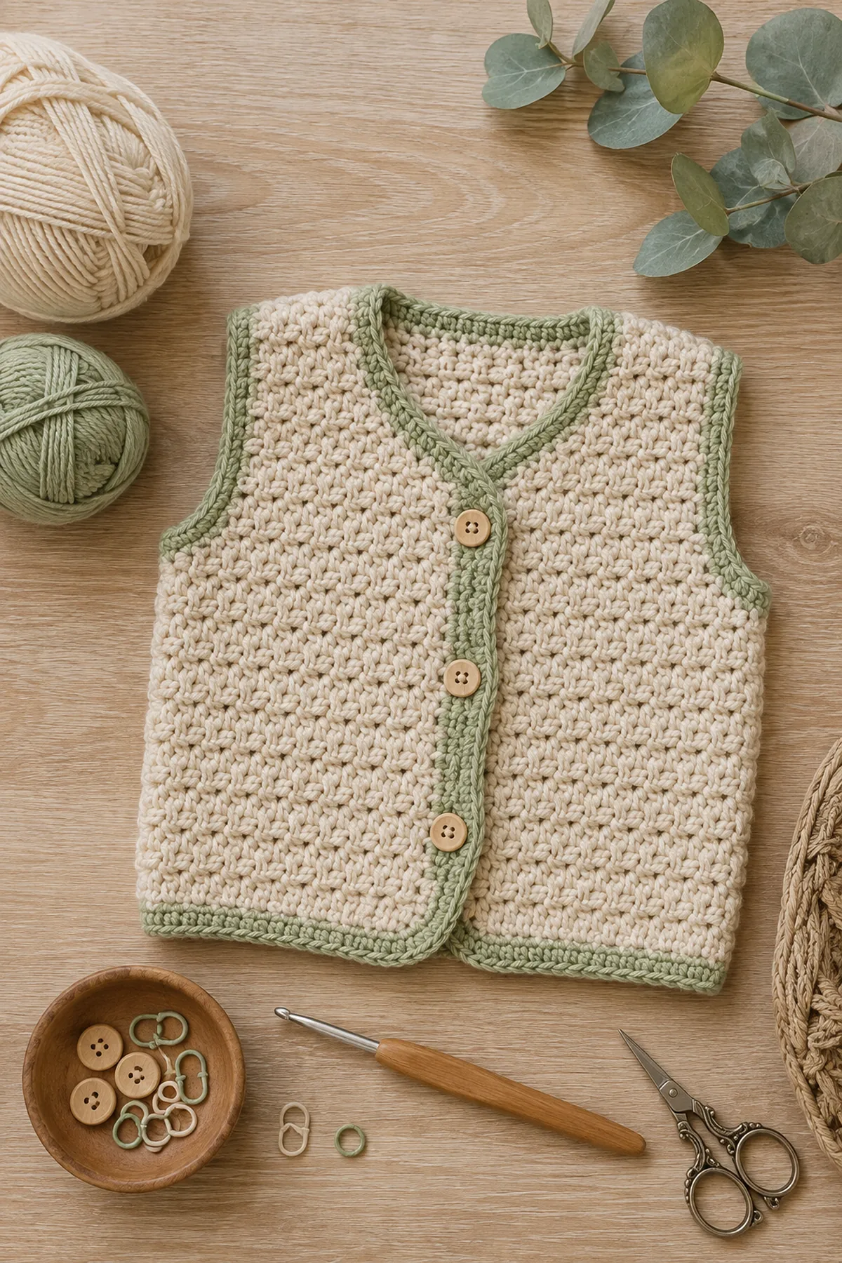 Baby-friendly yarn, crochet hook, stitch markers, tape measure, yarn needle, and scissors for crochet textured baby vest pattern