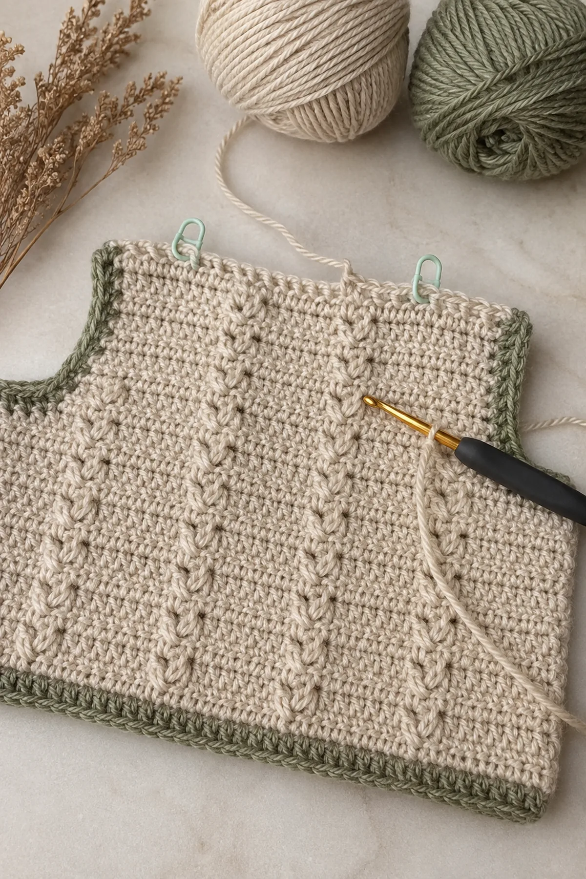 Early counted crochet stage of crochet textured baby vest pattern with matching yarn and hook