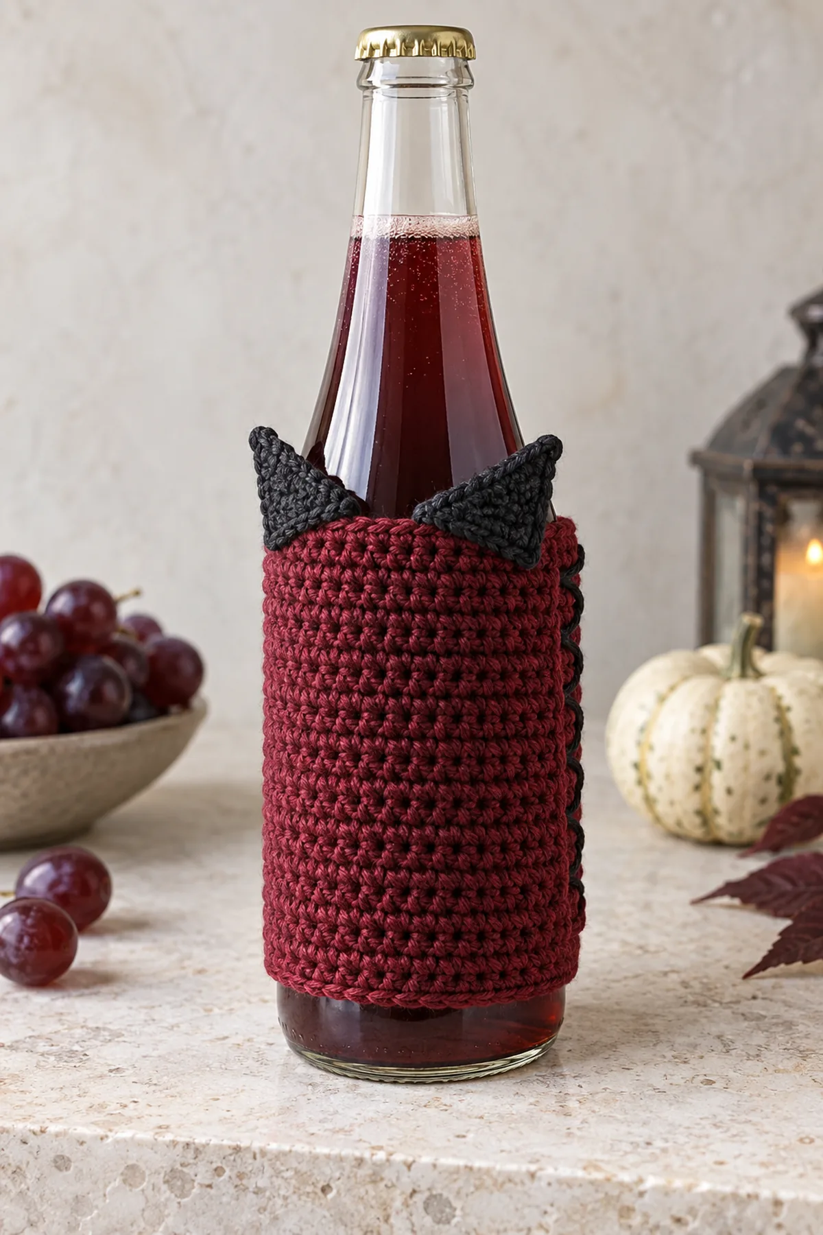 Unbranded nonalcoholic sparkling juice bottle standing on pale stone, lower straight body wearing dense wine-red crochet rectangular wrap, bottom of bottle exposed, two SMALL flat double-layer charcoal triangular vampire collar points rising from front upper wrap edge below shoulders, four-stitch gap between their bases, black cross-lacing at back subtly visible from three-quarter angle. Collar not a cape, no face, no neck strap