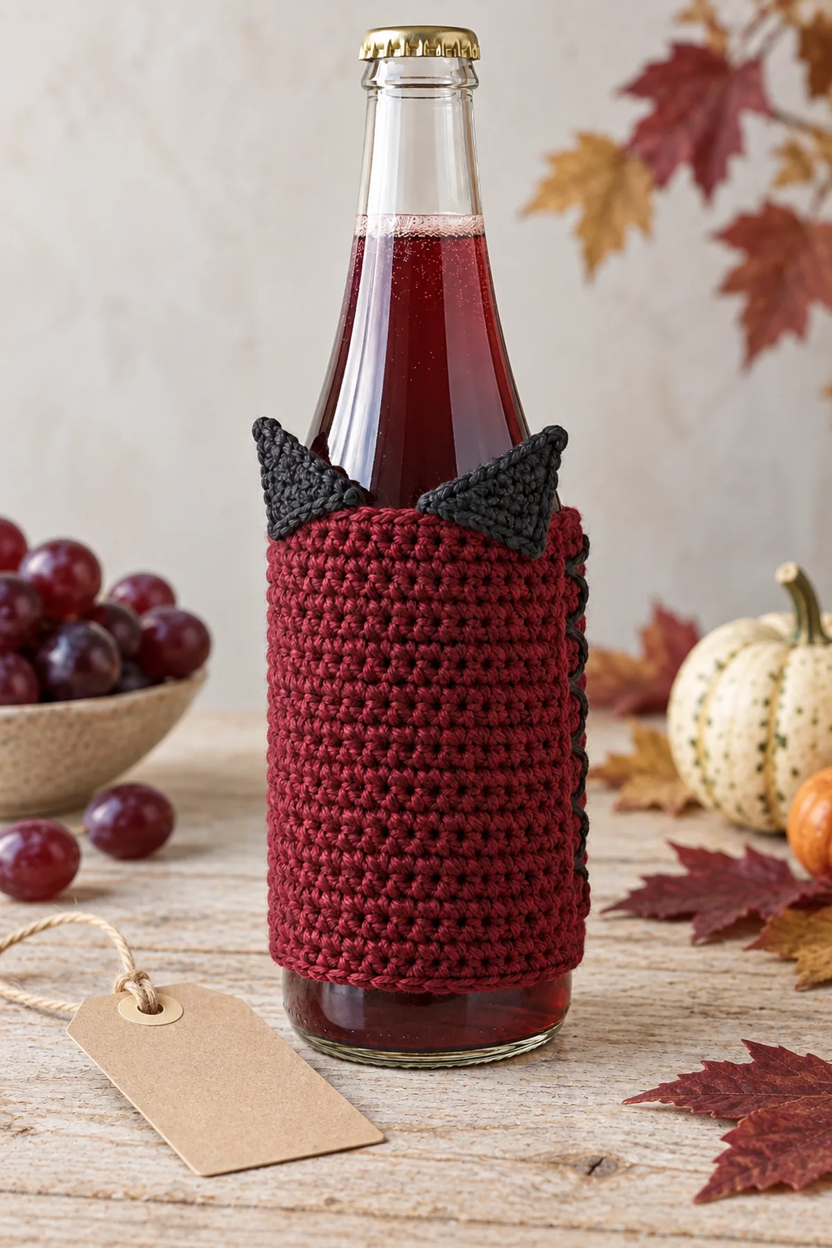 Same unbranded sparkling juice bottle wearing wine-red crochet wrap and two small charcoal triangular vampire collar points below bottle shoulders, beside a blank gift tag on pale wood autumn table, no candle, no people, no cape