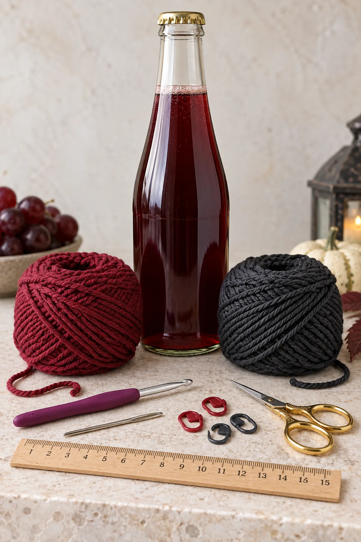Wine-red and charcoal worsted cotton yarn, 4 mm hook, yarn needle, scissors, markers and ruler beside plain nonalcoholic sparkling juice bottle; supplies only no finished crochet