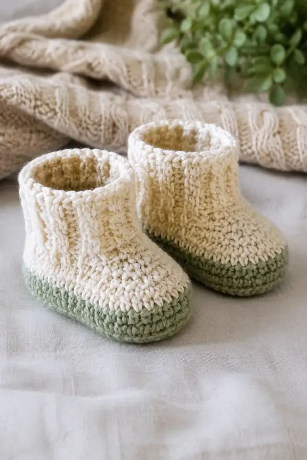 Finished crochet waffle texture baby booties in soft cream and sage yarn on a neutral nursery surface