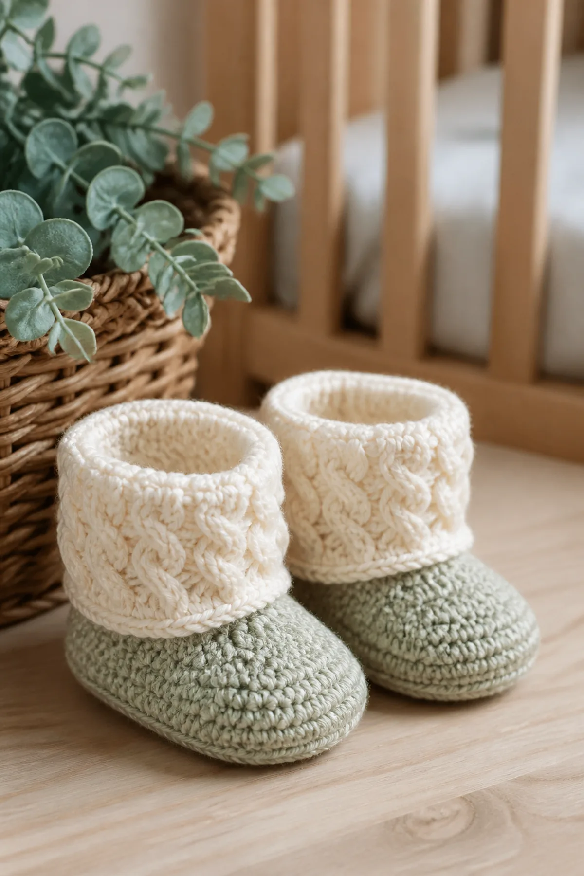 Finished crochet waffle texture baby booties styled in a calm bright nursery setting without a baby present