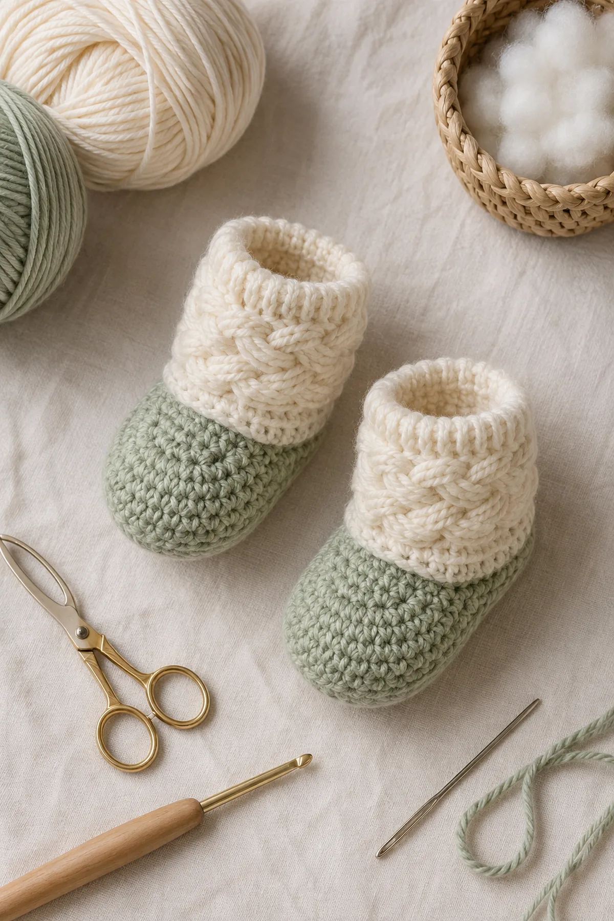 Baby-friendly yarn, crochet hook, stitch markers, tape measure, yarn needle, and scissors for crochet waffle texture baby booties