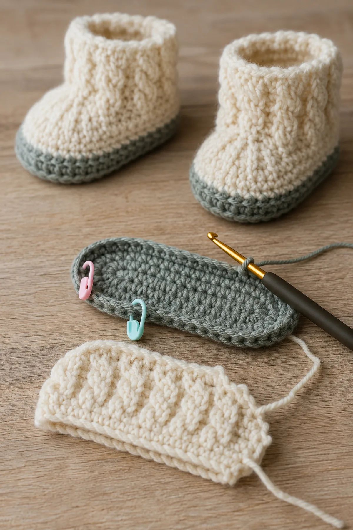 Early counted crochet stage of crochet waffle texture baby booties with matching yarn and hook