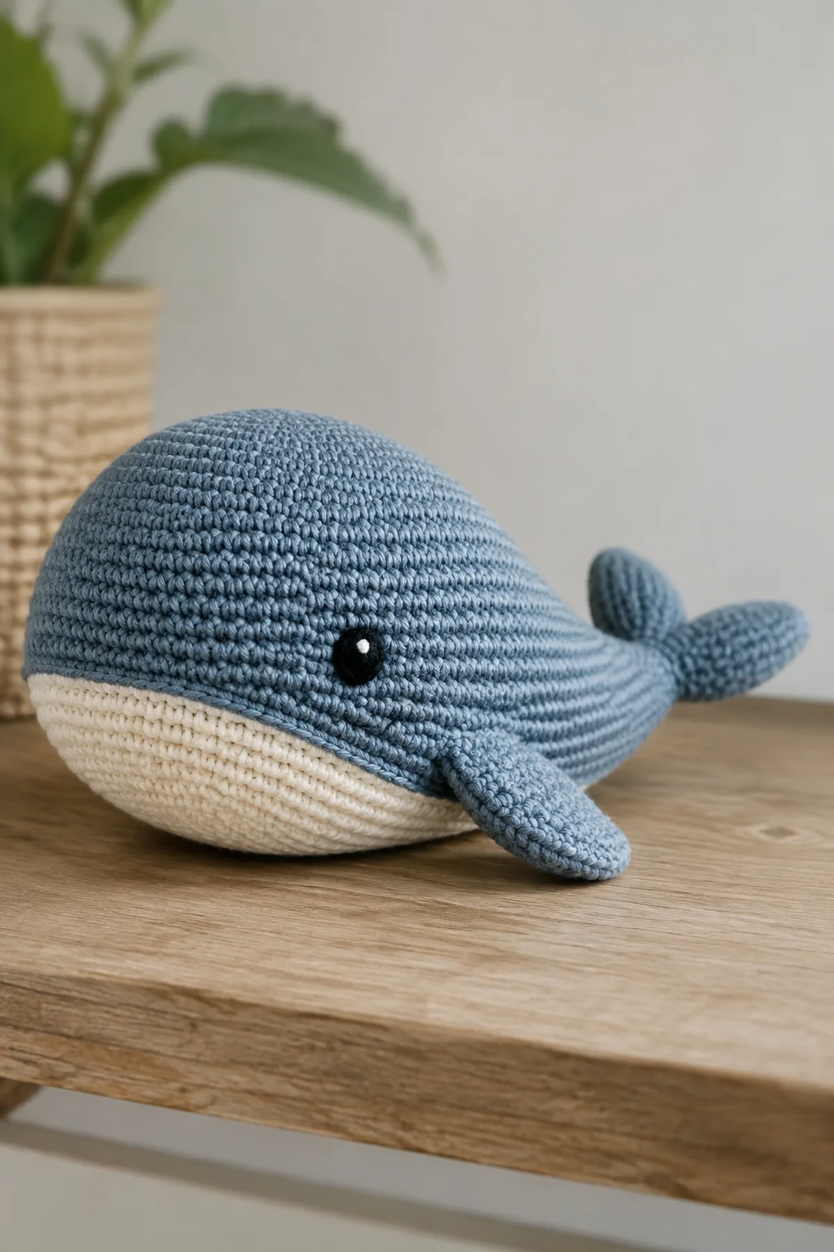 Finished crochet whale soft toy pattern in soft cream and sage yarn on a neutral nursery surface
