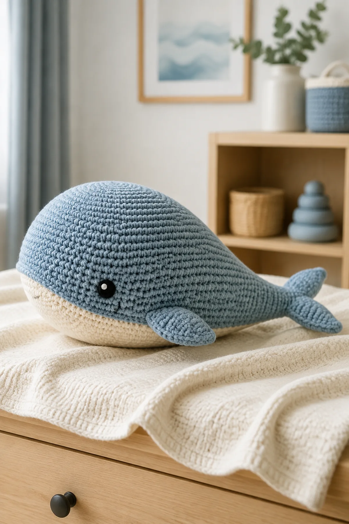 Finished crochet whale soft toy pattern styled in a calm bright nursery setting without a baby present