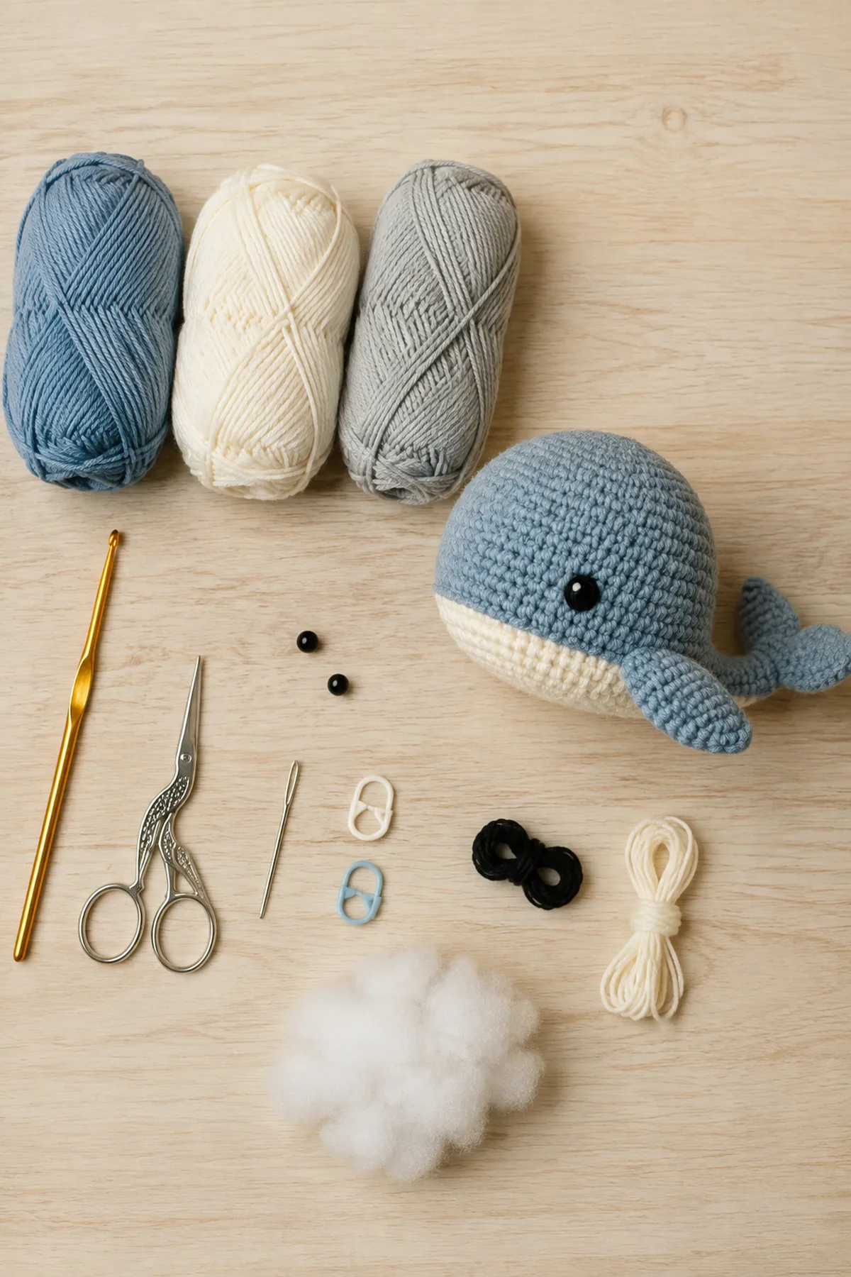 Baby-friendly yarn, crochet hook, stitch markers, tape measure, yarn needle, and scissors for crochet whale soft toy pattern