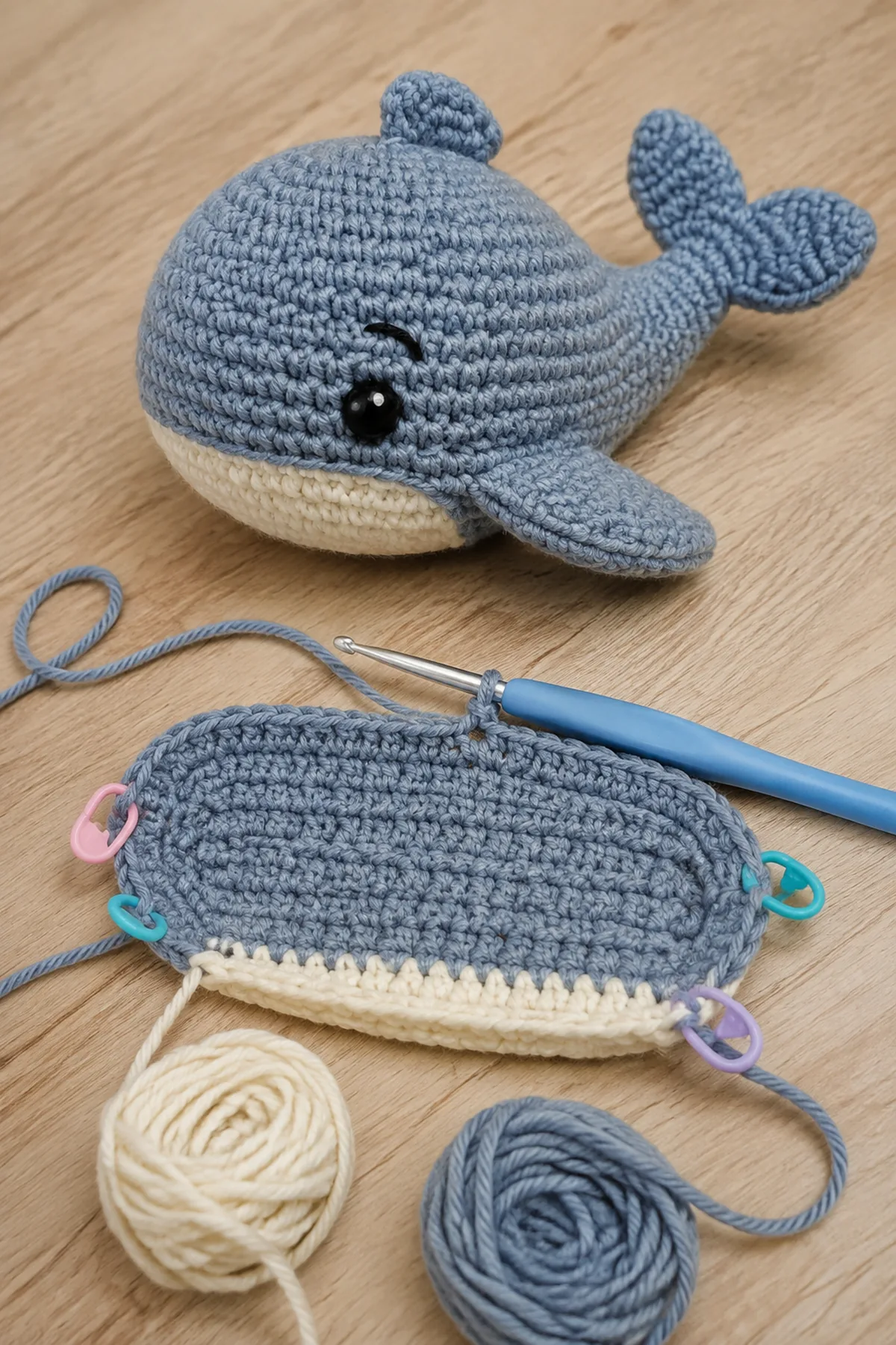 Early counted crochet stage of crochet whale soft toy pattern with matching yarn and hook