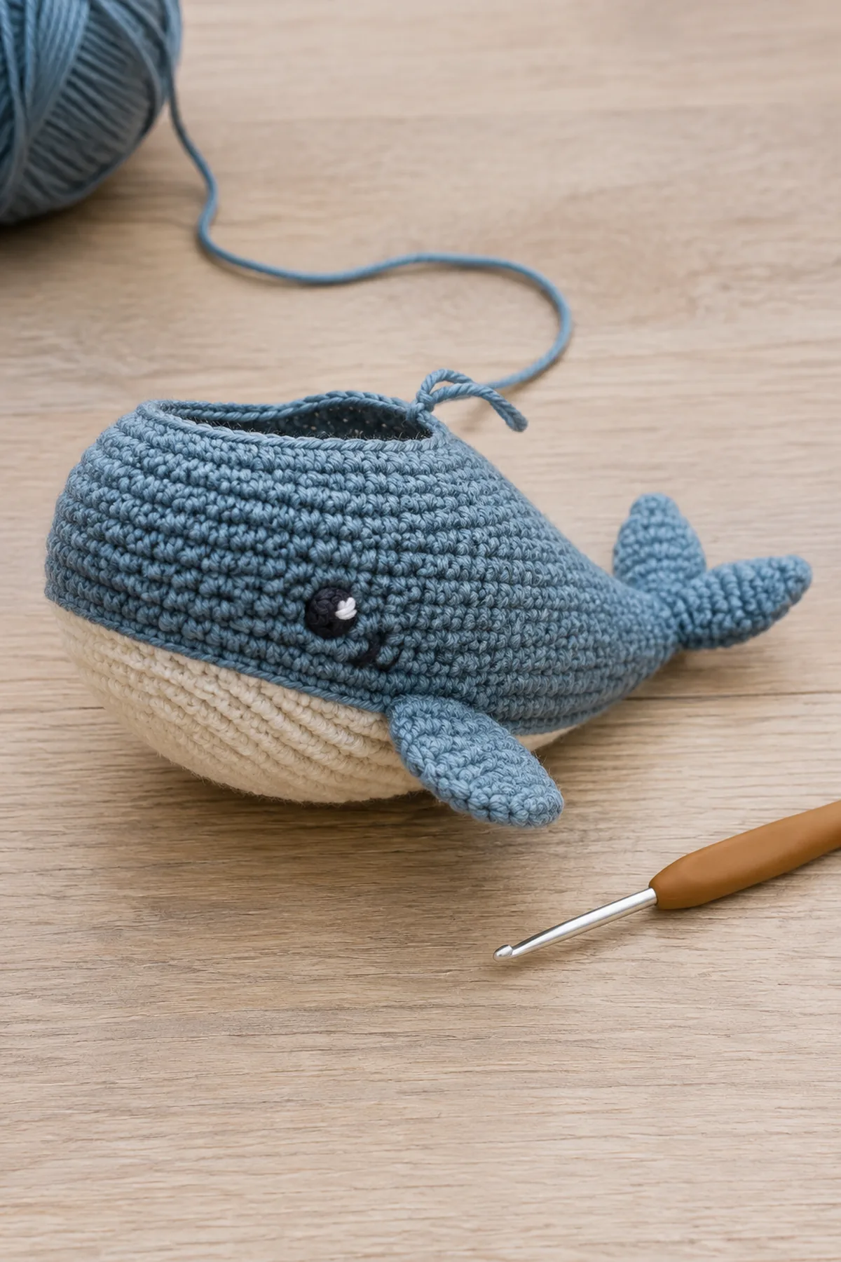 Mid-process construction of crochet whale soft toy pattern showing the established shape