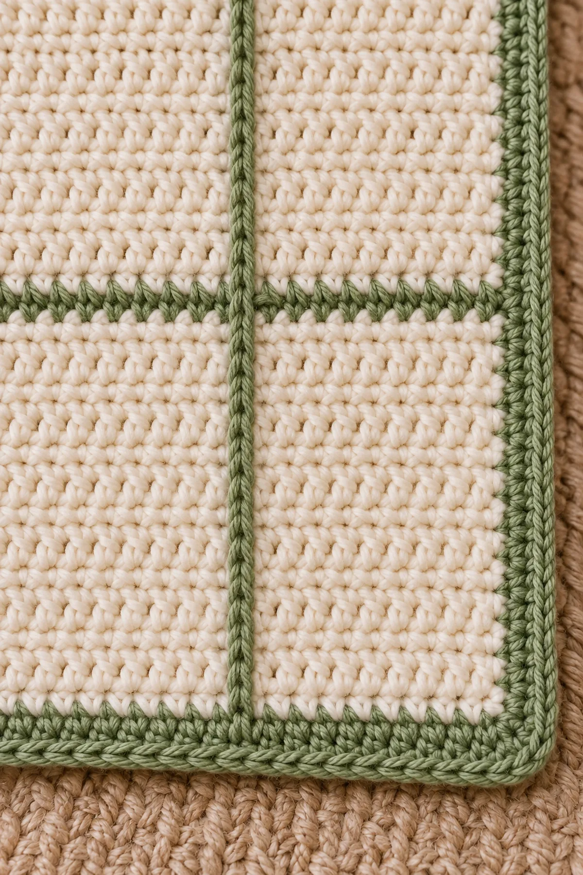 Close view of relaxed willow surface-crochet column crossing a green band and neat border corner