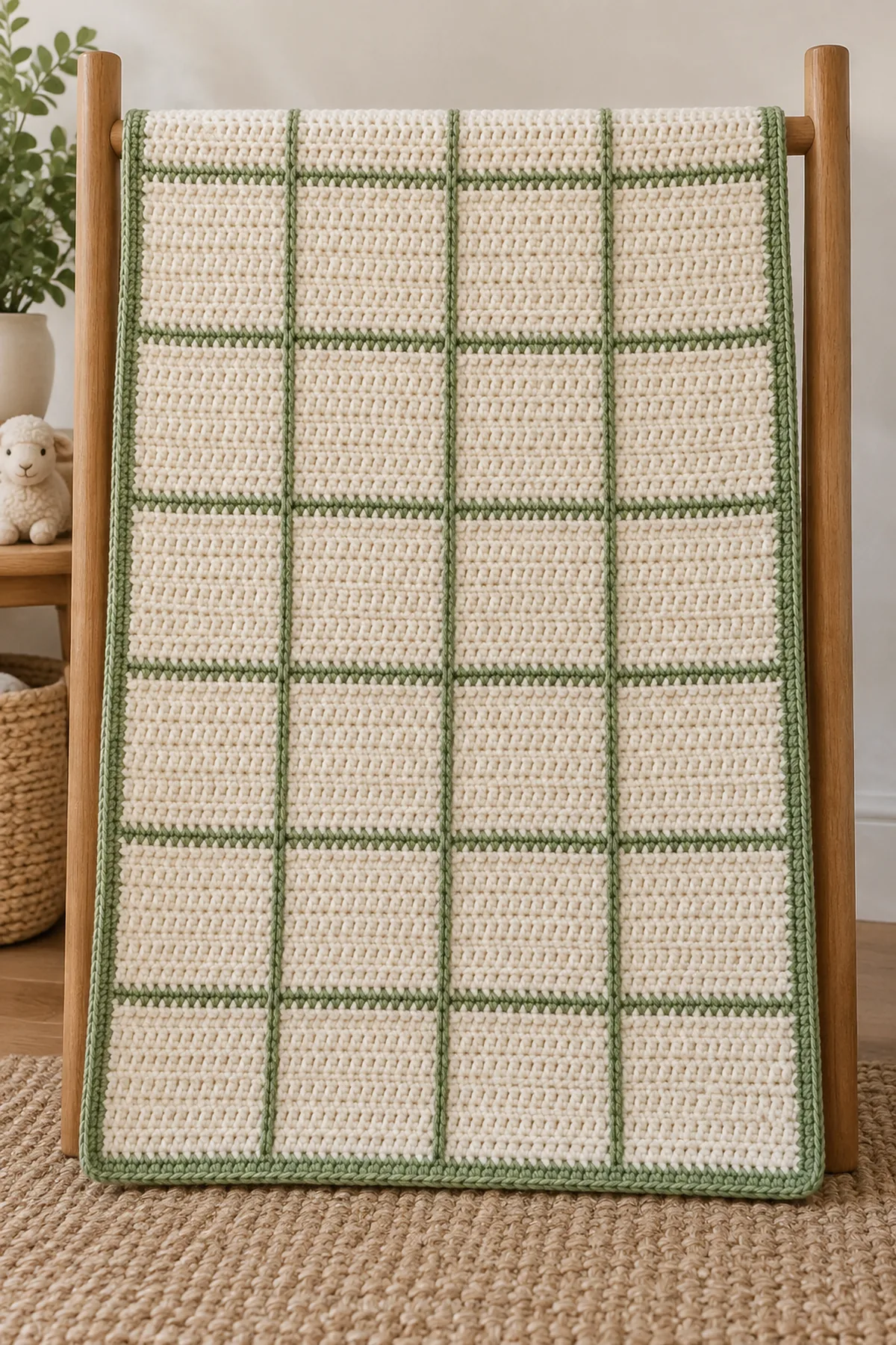 Finished warm-cream crochet baby blanket with willow-green windowpane grid and narrow green border