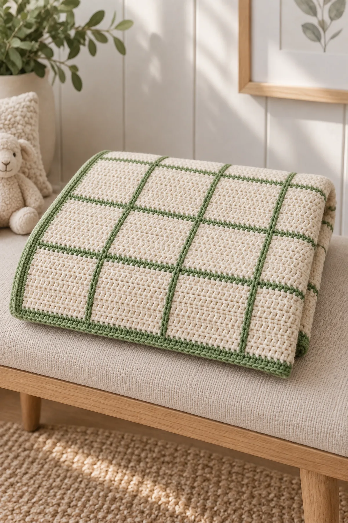 Finished willow windowpane baby blanket folded on a pale nursery bench without a baby or crib