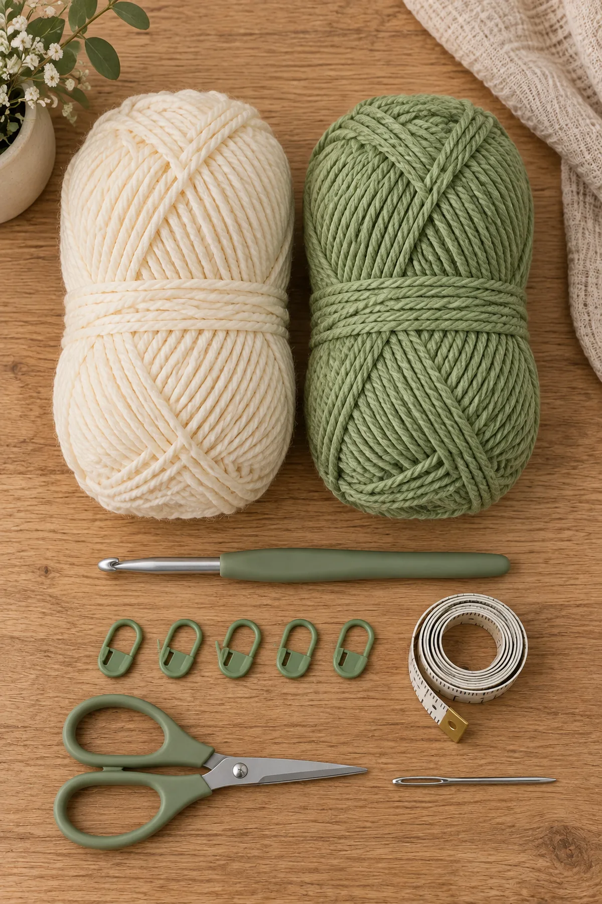 Warm-cream and willow-green DK yarn, 4.5 mm hook, markers, tape measure, needle, and scissors
