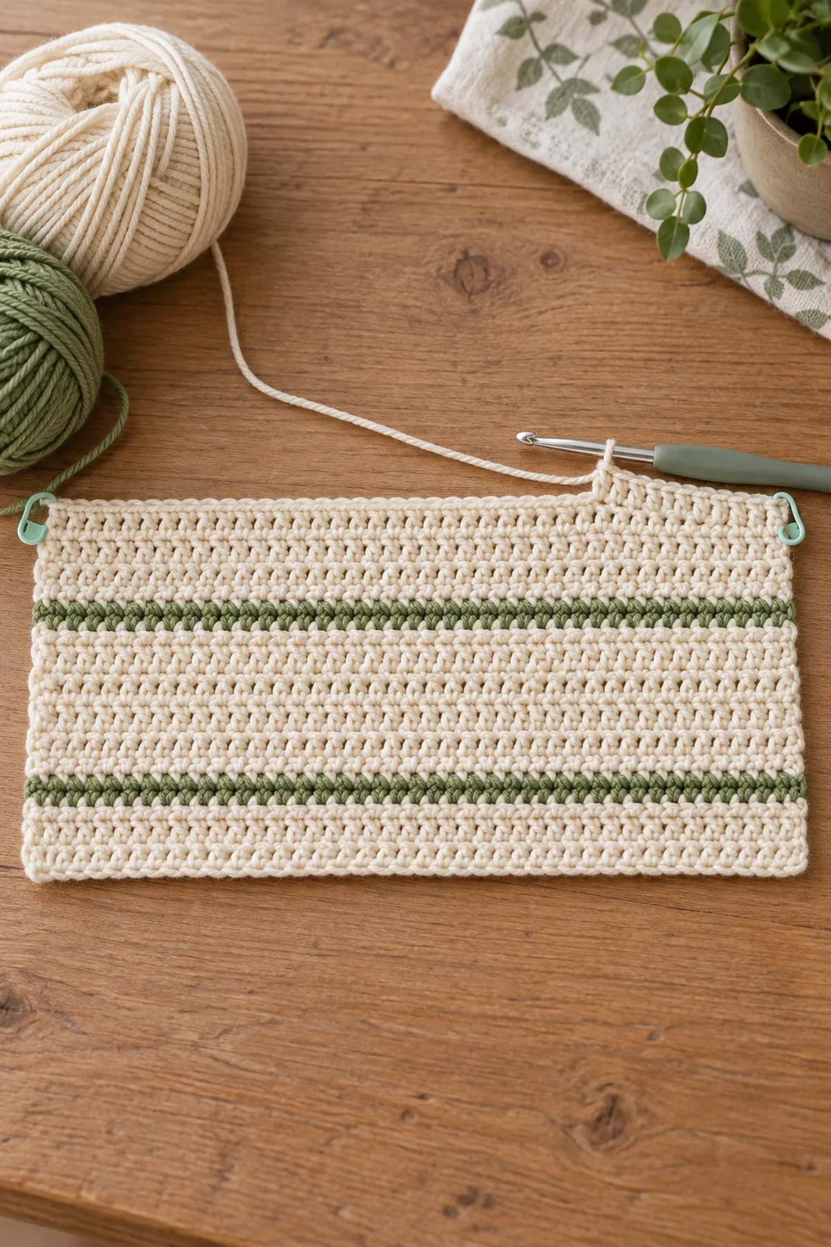 Early 90-stitch cream baby blanket with the first two slim willow-green horizontal bands