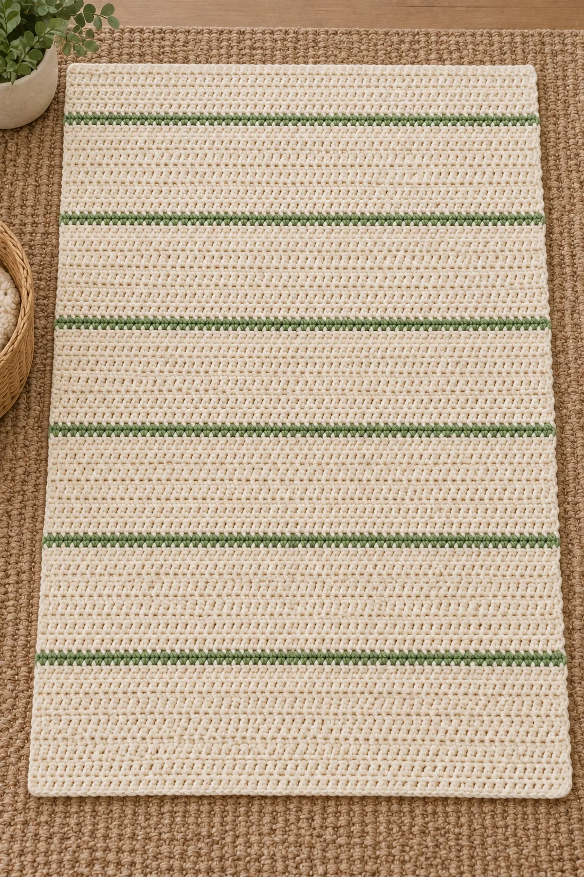 Completed cream and willow horizontal-band blanket rectangle before vertical surface columns and border