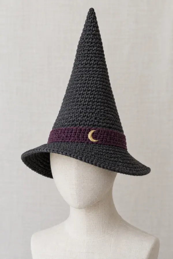 Adult charcoal crochet witch hat with a tall straight tapered cone, plum band with small gold embroidered crescent, and a soft asymmetric brim deeper on one side, on a neutral adult head form