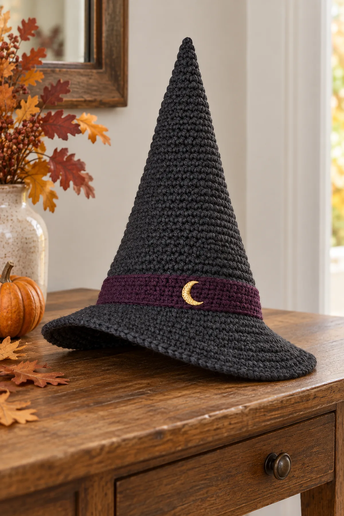 Finished charcoal witch hat with plum crescent band and asymmetric brim resting on a plain hall table in autumn daylight, no candles