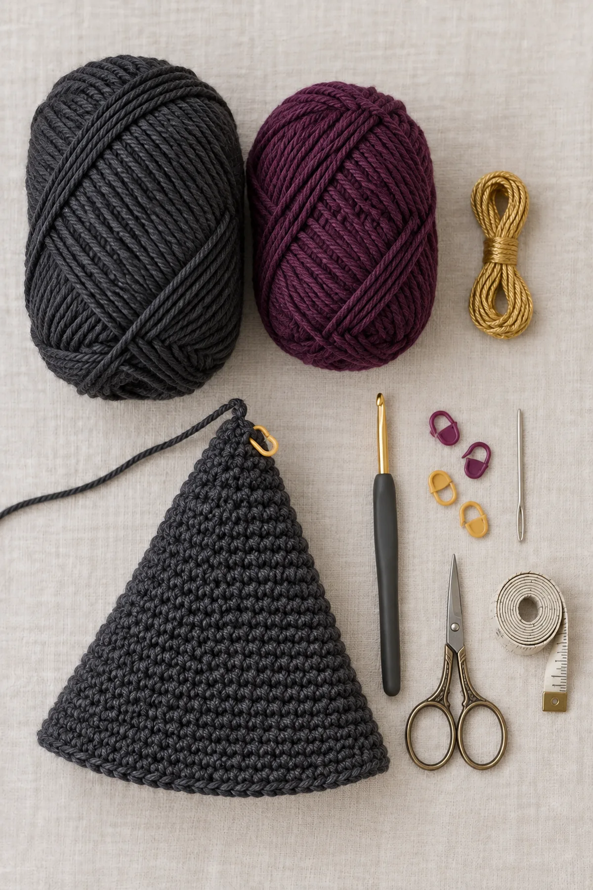 Charcoal and plum worsted yarn, a small length of gold embroidery yarn, 4.5 mm hook, stitch markers, tapestry needle, scissors and tape measure on pale linen