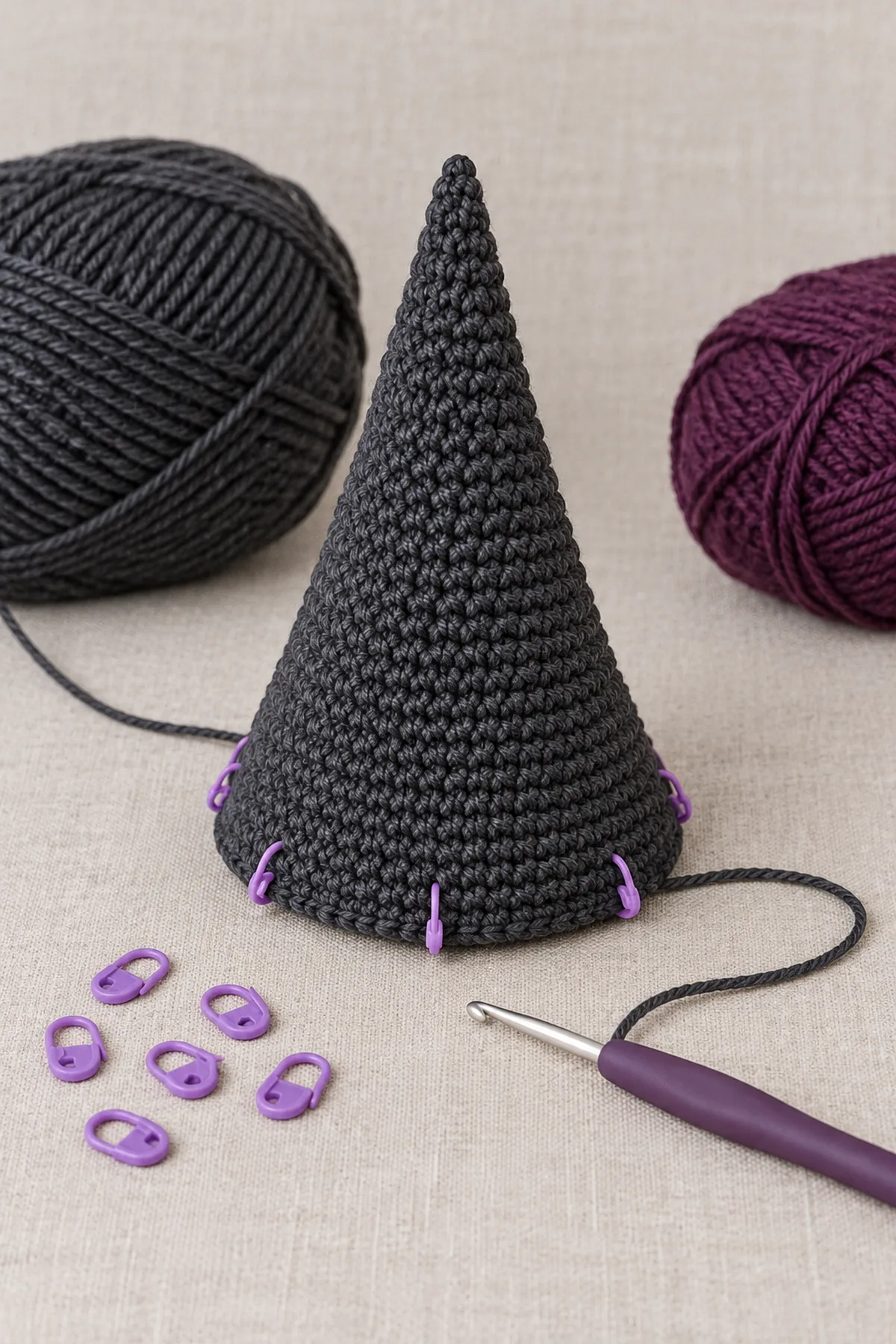 Partly worked narrow charcoal single-crochet cone at 48 stitches with six markers dividing increase sections, no brim or band yet