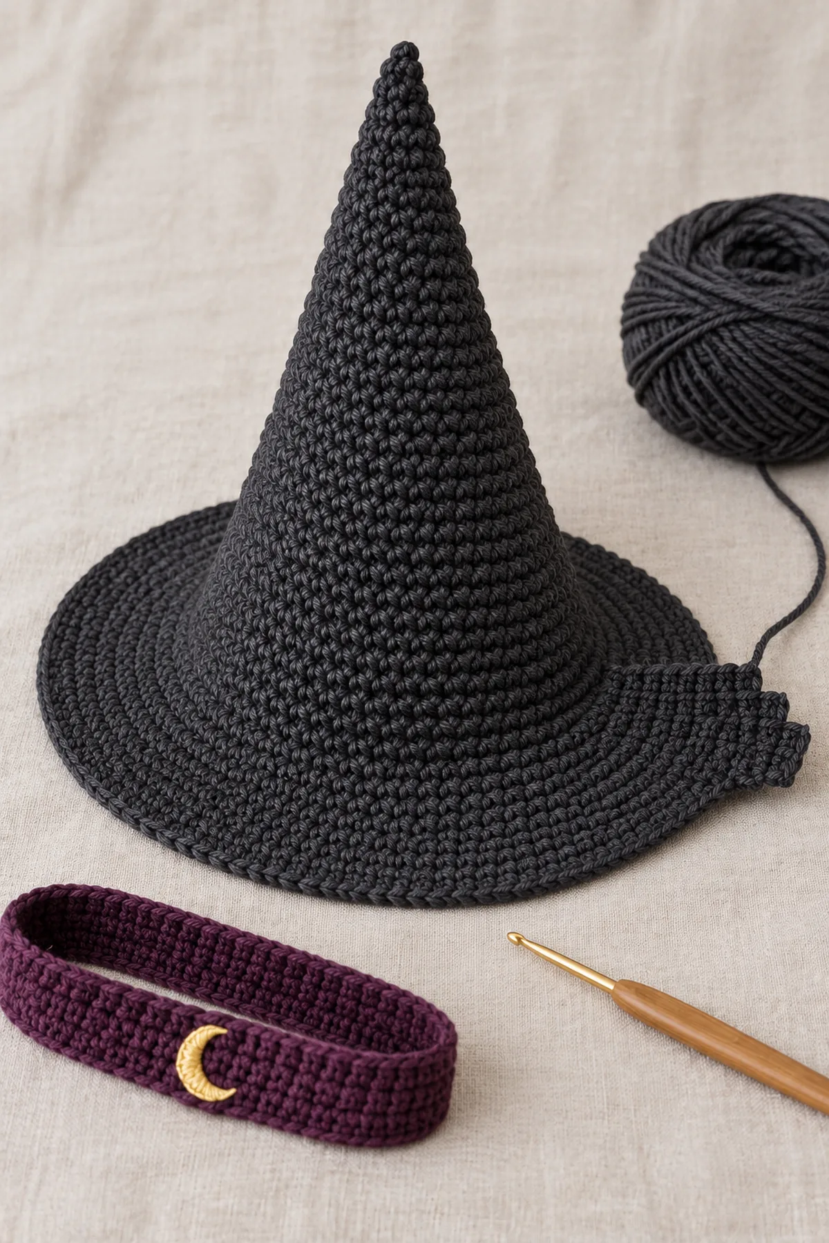 Completed charcoal cone with circular brim and an unfinished stepped four-row wedge extending one side, plum band still separate