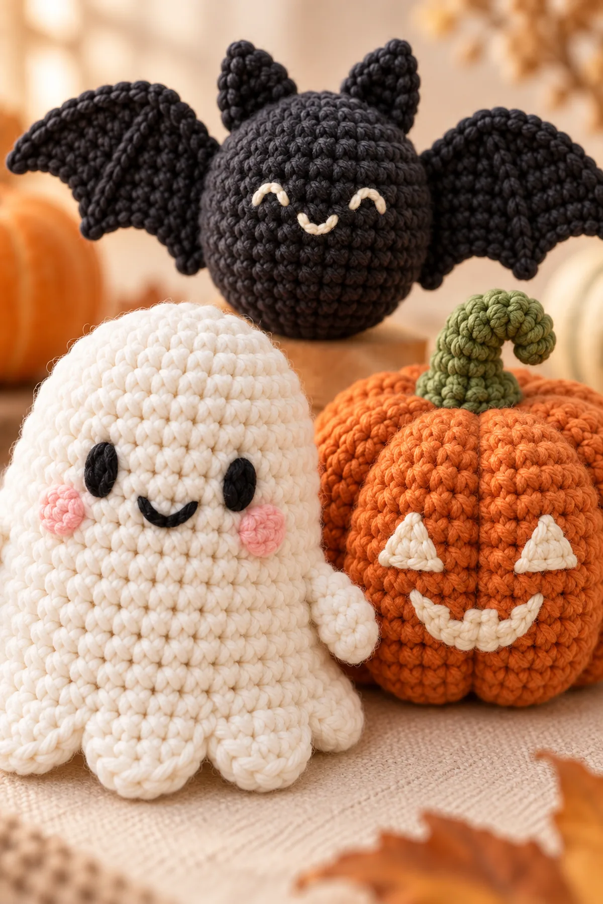 Close-up of secure embroidered ghost, pumpkin, and bat faces, dense single crochet texture, ghost scallops, pumpkin rib wrap, and fully sewn bat wing edge