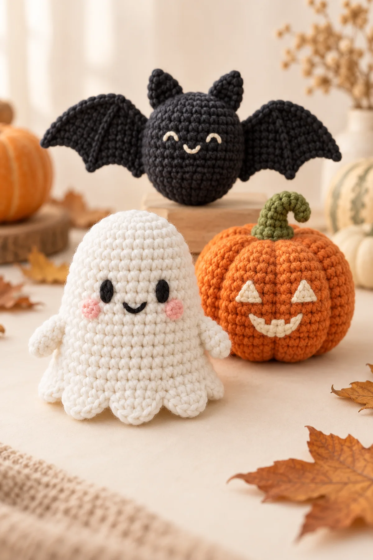 Three finished original beginner Halloween amigurumi together: a plump white ghost with six scallops, a ribbed orange pumpkin with green stem, and a tiny charcoal bat with two mirrored wings, all with embroidered friendly faces